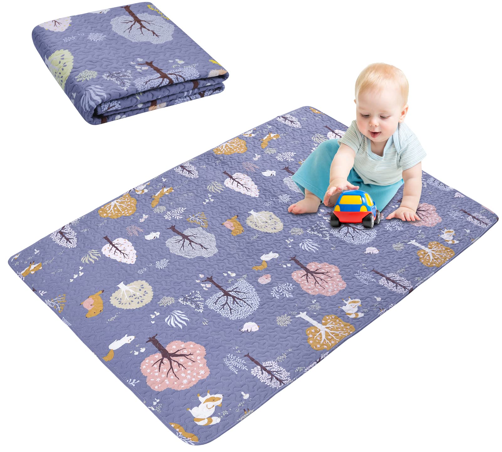 MIIMER Washable Baby Cotton Play Mat Portable Playmat for Babies 160x110 cm, Foldable Toddler Play Mat Non-Slip Baby Tummy Time Mat, Soft Floor Play Mats for Infants Extra Large Crawling Mat