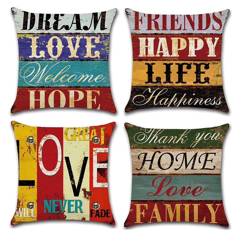 Freeas Pack of 4 Decorative Pillow Covers Love Life Pillowcases Solid Square Cushion Cover Cotton Linen Throw Pillow Covers Home Decor for Sofa Car Bedroom 18x18 Inch