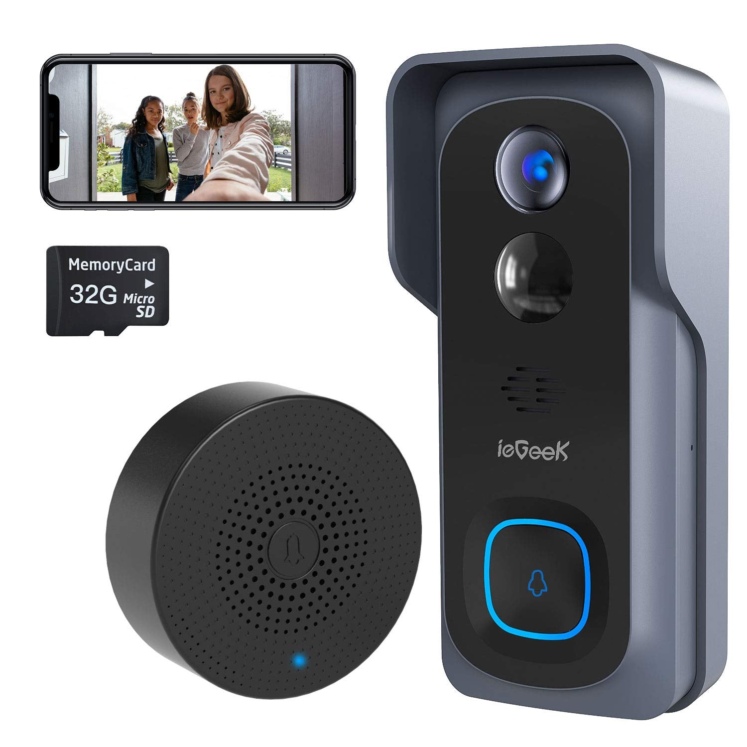 ieGeek Video Doorbell Camera Wireless, WiFi Smart Door Camera with Motion Detection, 32GB Pre-Installed, 6700mAh Battery, 2-Way Audio, IP66 Waterproof, Night Vision, USB Indoor Chime Included