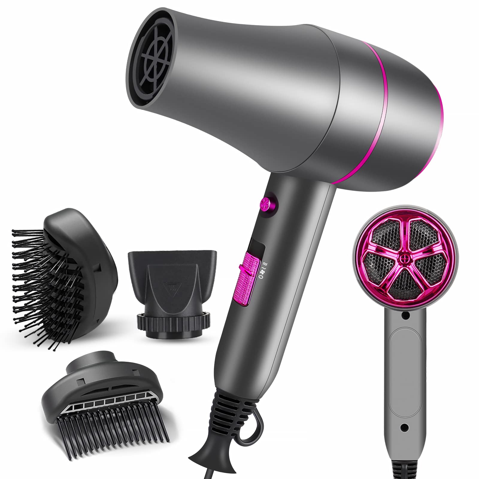 AirOpen 2000W Professional Hair Dryer with 3 Brush Comb Nozzles 2 Speed 3 Heat Setting and Cool Shot Button, Lightweight Constant Temperature Ionic Hairdryers for Women