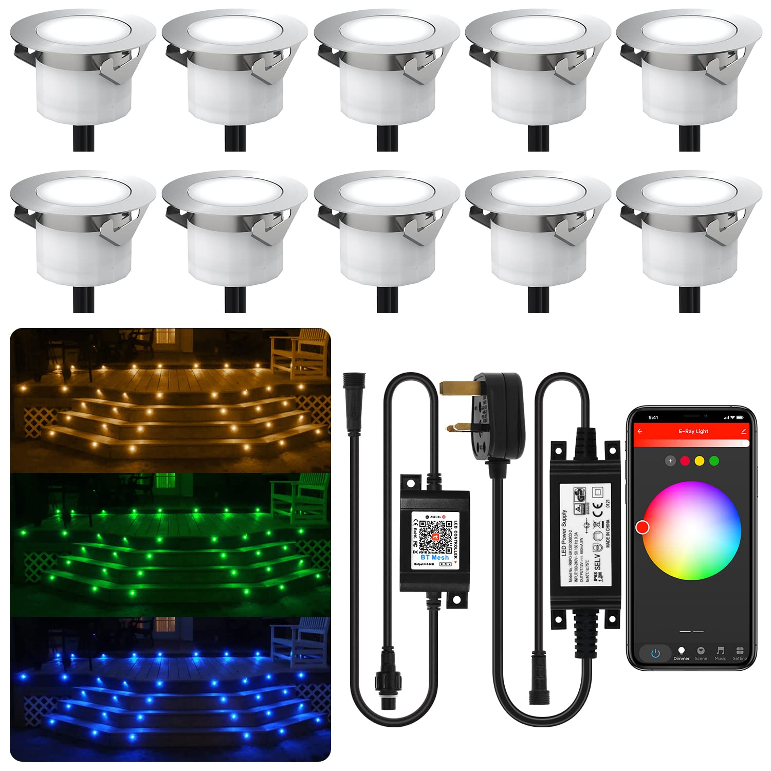 RGBW (RGB+Warm White) Led Decking Lights 12V Ø45mm with APP Control Change Colours Waterproof Deck Lighting for Terrace/Patio/Path/Wall/Garden/Decoration (RGBW-10PCS+APP)