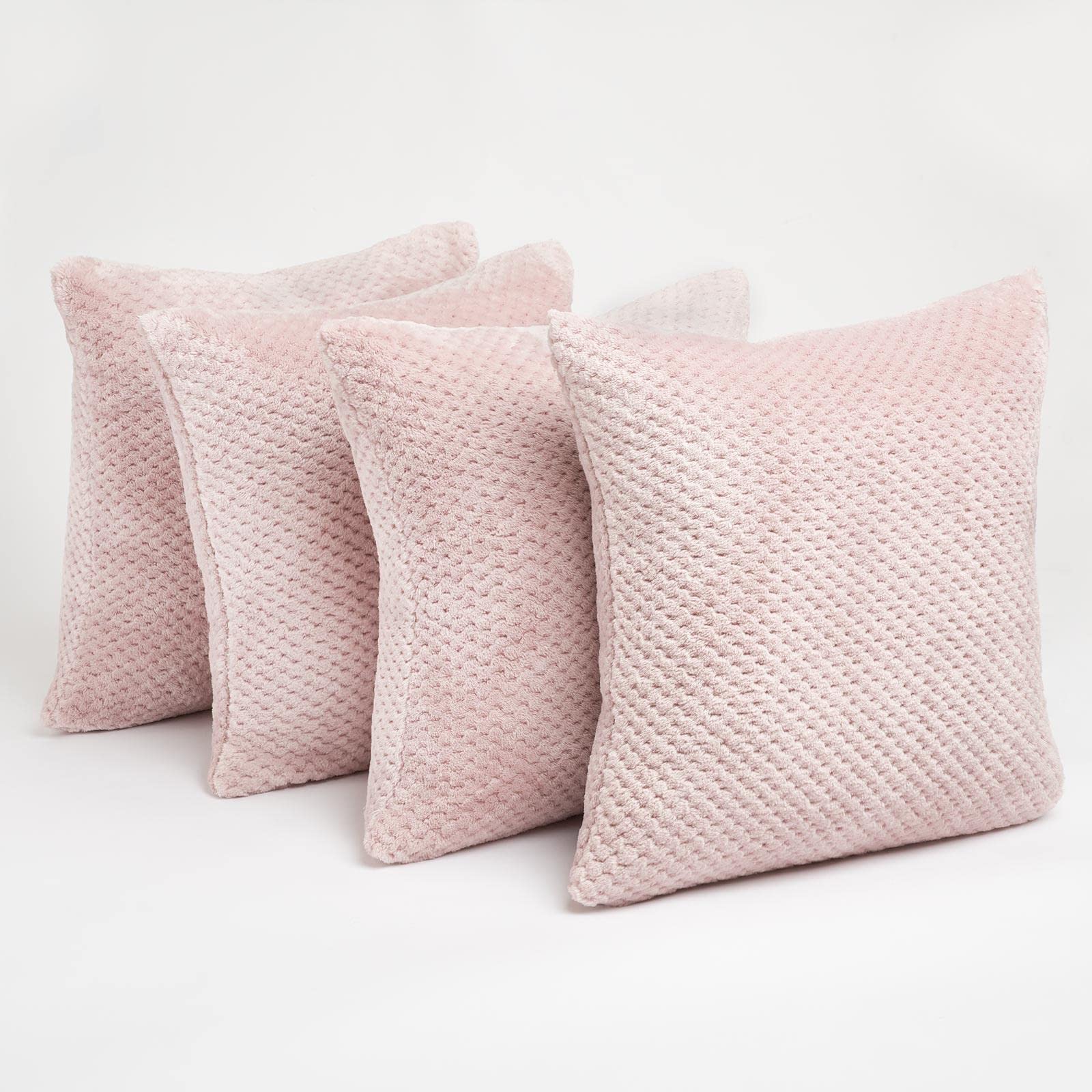Brentfords Waffle Fleece Set of 4 x Cushion Covers 45 x 45 cm Plush Scatter Home Decor Pack, 18" x 18" - Blush Pink