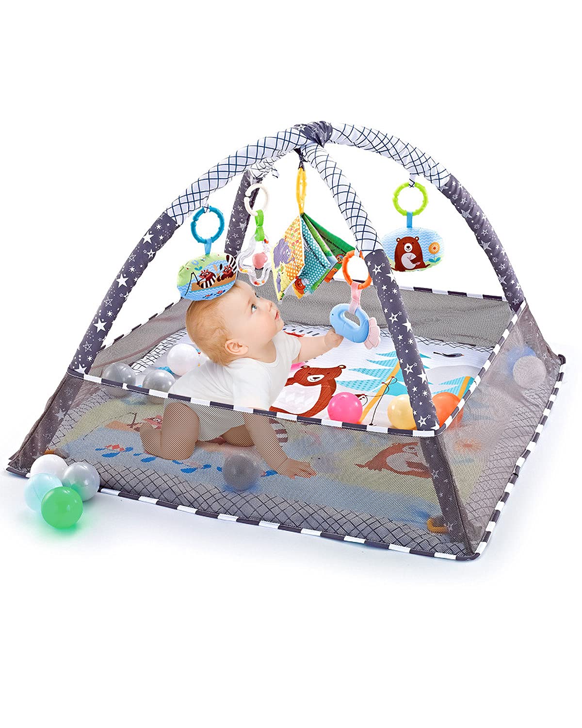 Trongle Baby Play Gym, Baby Play Mat Newborn with 5 Hanging Toys and 18 Ocean Balls, Lightweight Foam Stand Washable Soft Cotton Base, Playmats & Floor Gyms for 0-24months, with Carry Bag (80x80x55cm)