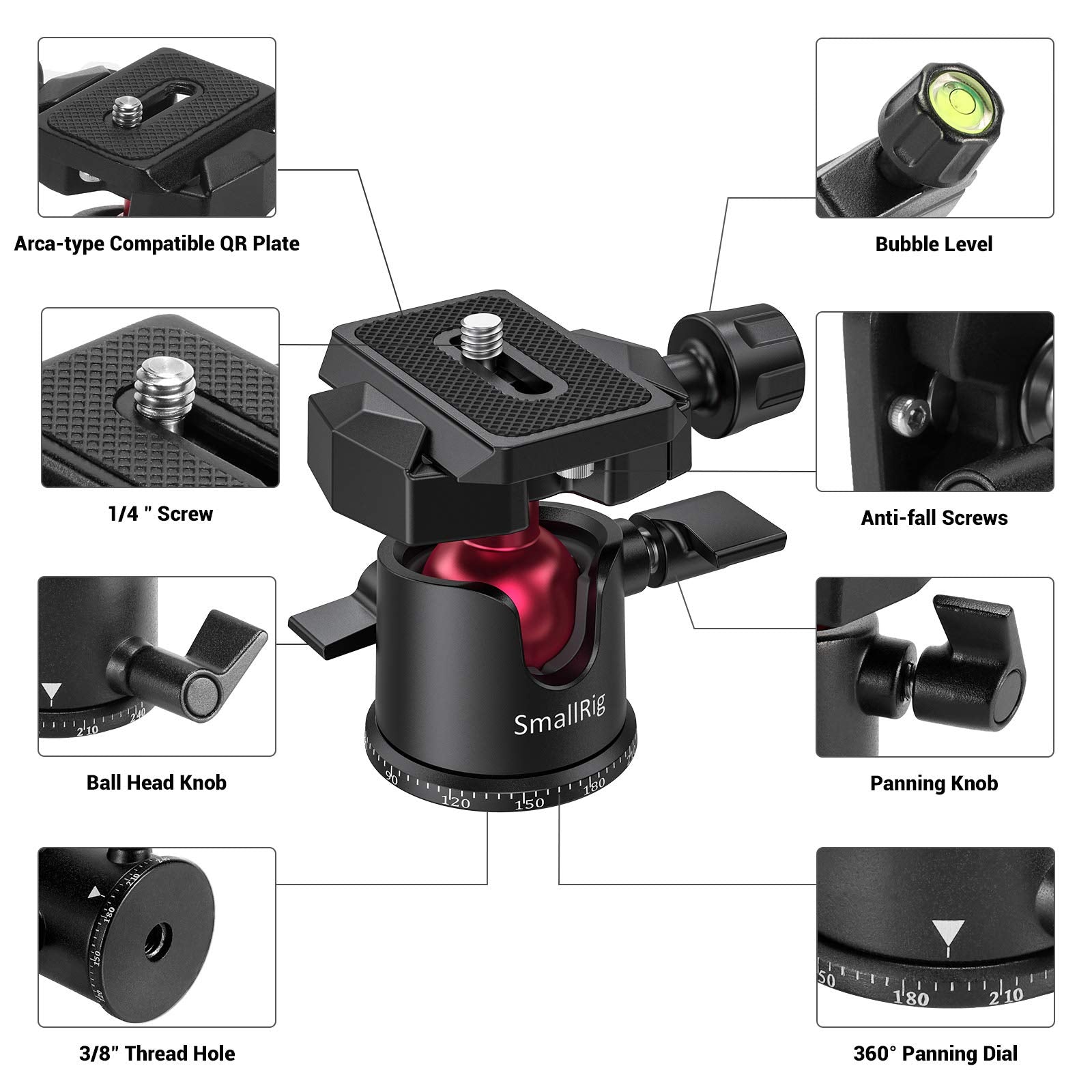 SMALLRIG Tripod Ball Head 360° Panoramic Ballhead with 1/4 Arca-Swiss Compatible Quick Release Plate and Bubble Level for DSLR Cameras, Tripods and Monopods - BUT2665