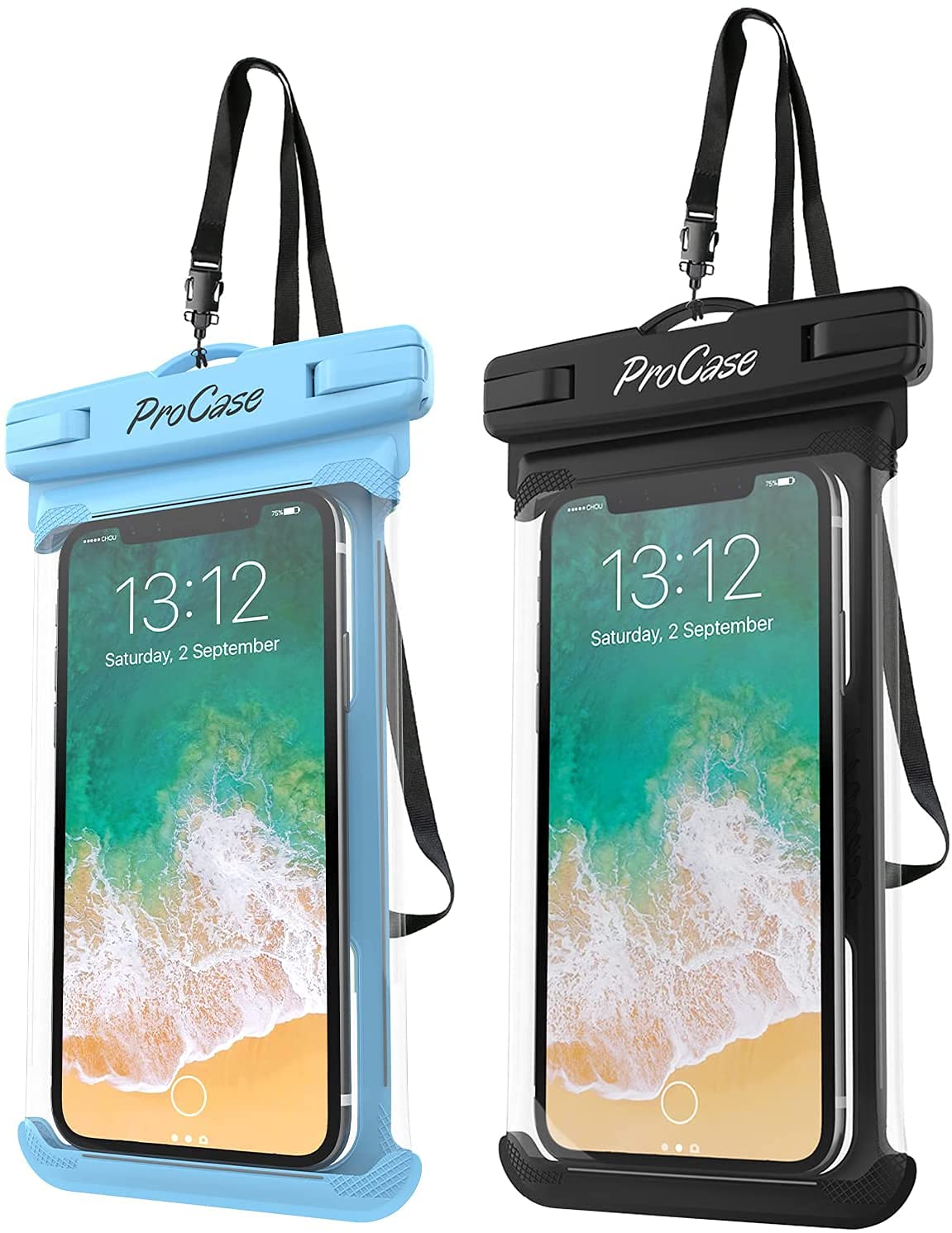 [2 Pack] ProCase Waterproof Phone Case Dry Bag Pouch, for iPhone 13 Pro Max, Xs Max, XR, X, 8,7 Plus, 6S Plus, Galaxy S20 Ultra S10 Plus S9 S8 / Note10 9 8 6 5, Pixel 4 XL 3 2 -Black/Blue