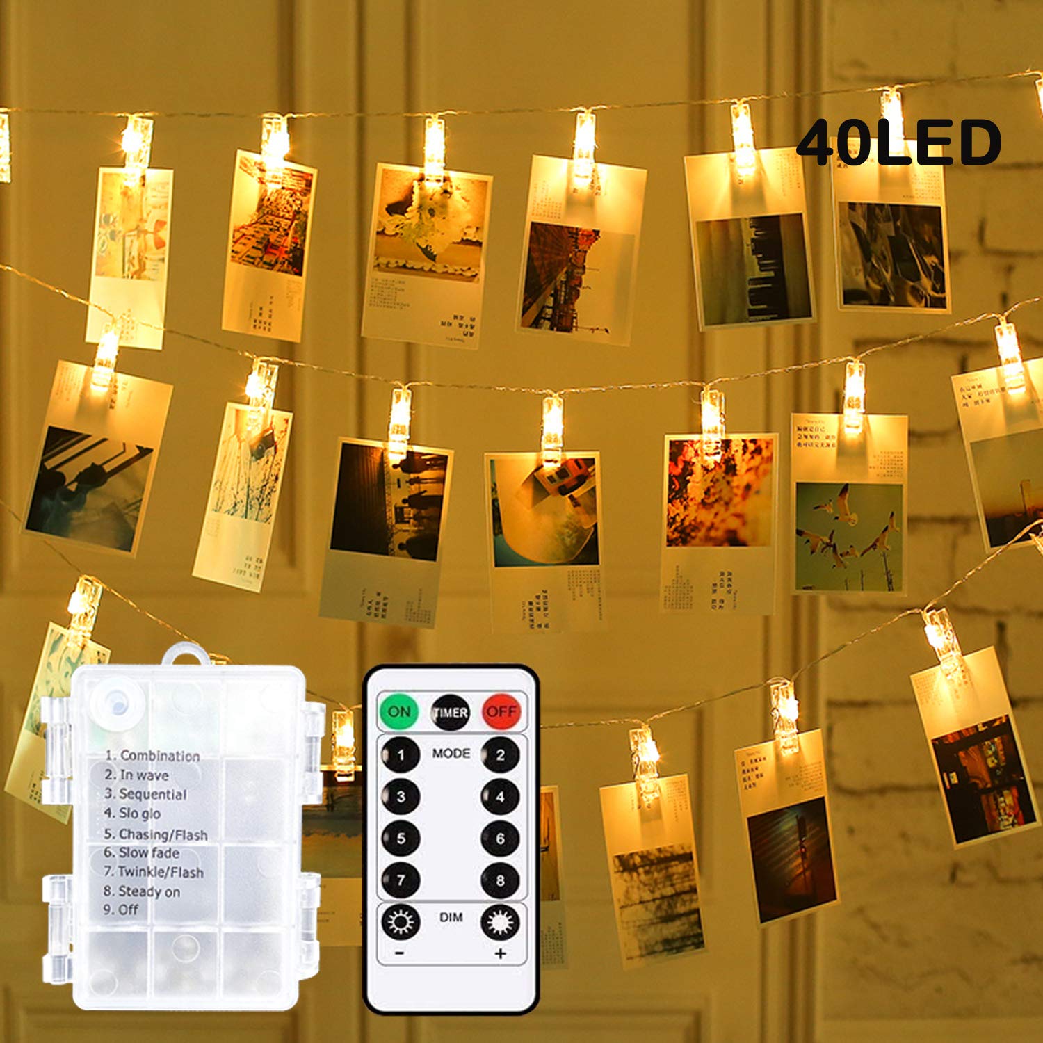 40 LED Photo Clip String Lights, 8 Modes Waterproof 6M Photo Peg Fairy Light Battery Powered with 40 Clips Indoor Hanging String Photo Display for Bedroom Party Wedding Decorations [Energy Class A+++]