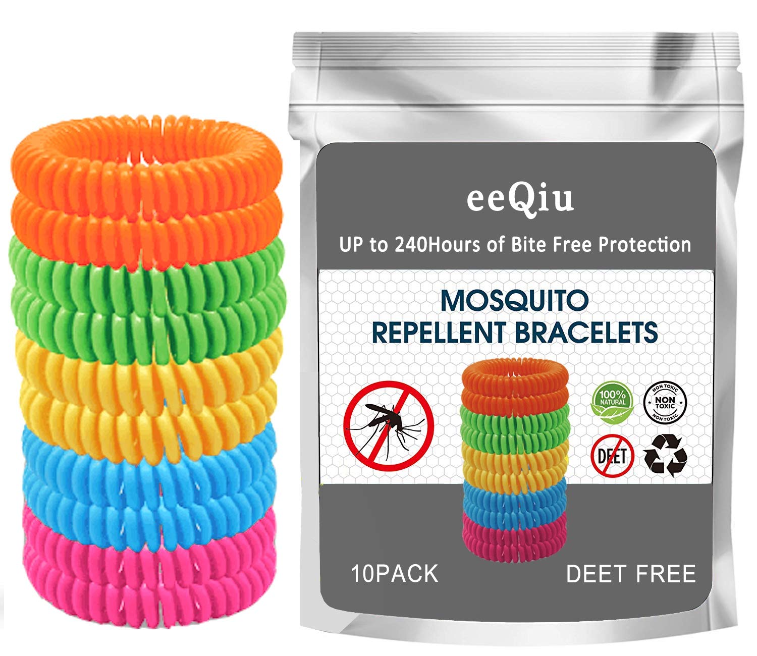 eeQiu Mosquito Repellent Bracelet - 【10 Packs】 Citronella All Natural DEET Free Anti Insect Bands, Keep Away Insects,Bugs and Midge,Long-Lasting Waterproof and Safe for Adults and Children.