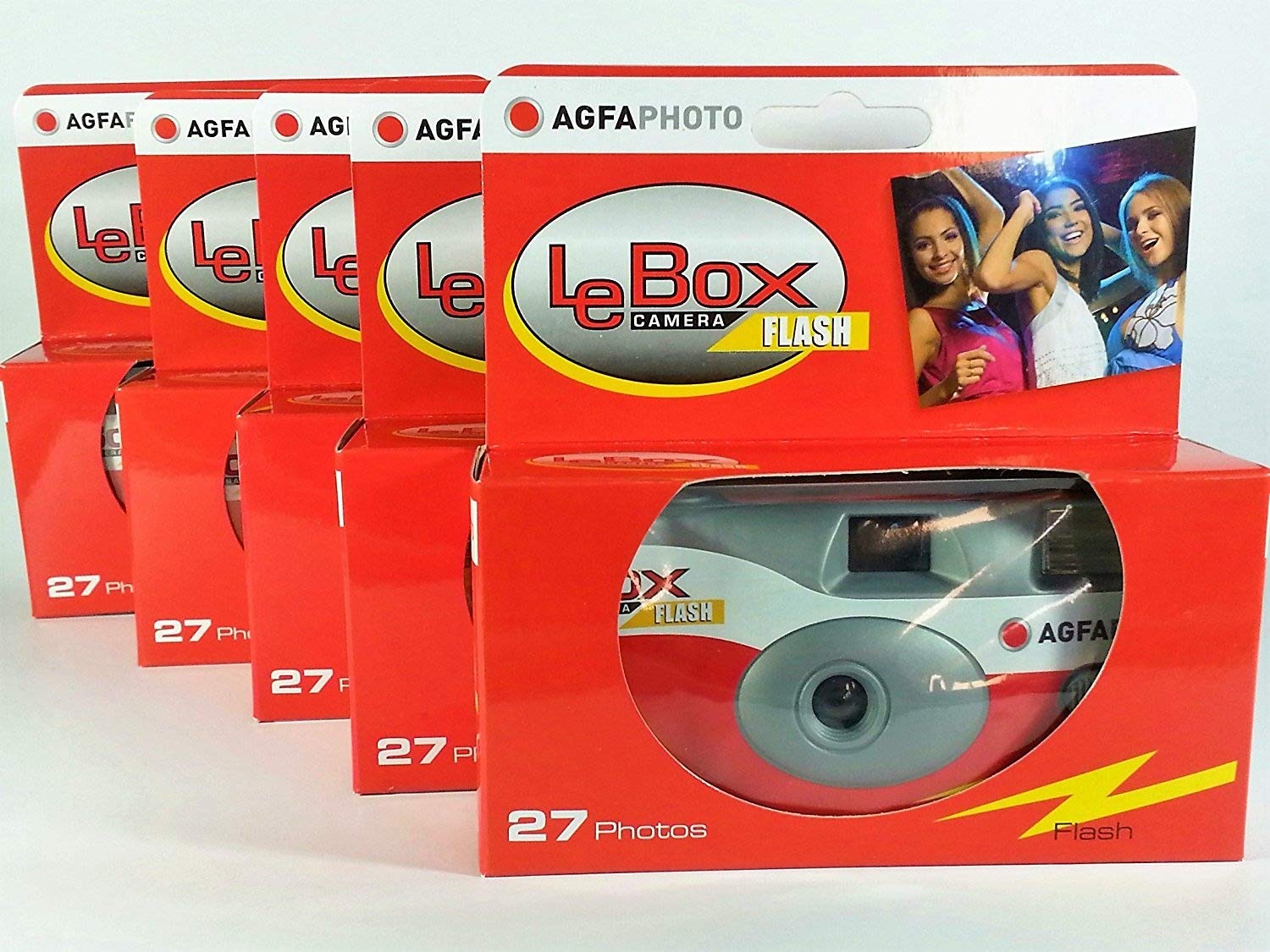 AgfaPhoto LeBox 400 disposable camera with flash 27 exposures with flash pack of 5 for weddings, parties, holidays
