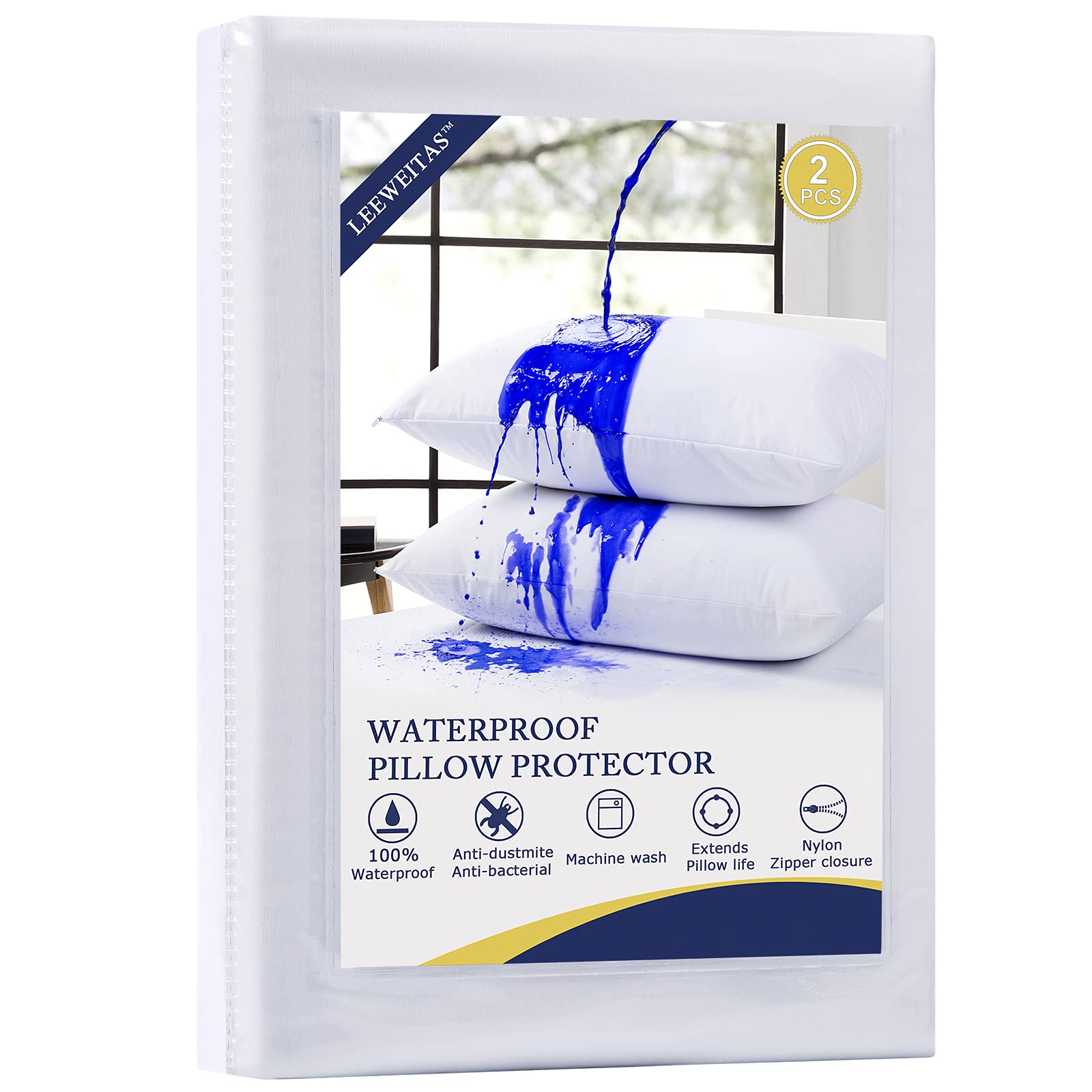 LEEWEITAS Waterproof Pillow Protector-Zipped Pillow Protectors 2 Pack, Pillow Covers Breathable Membrane, 50x75cm Size Pillow Cases.
