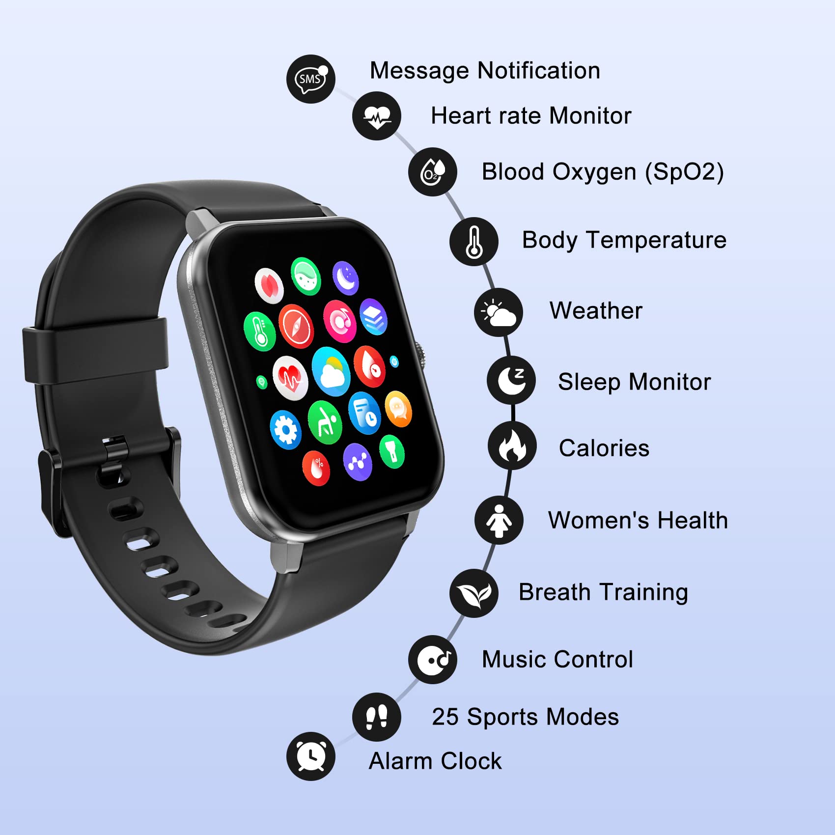 IOWODO Smart Watch for Men Women, Fitness Tracker with Waterproof IP68,Heart Rate Monitor,Blood Oxygen(SpO2),Pedometer,Stopwatch,25 Sport Modes,Body Thermometer,Weather,Smartwatch for Android iOS