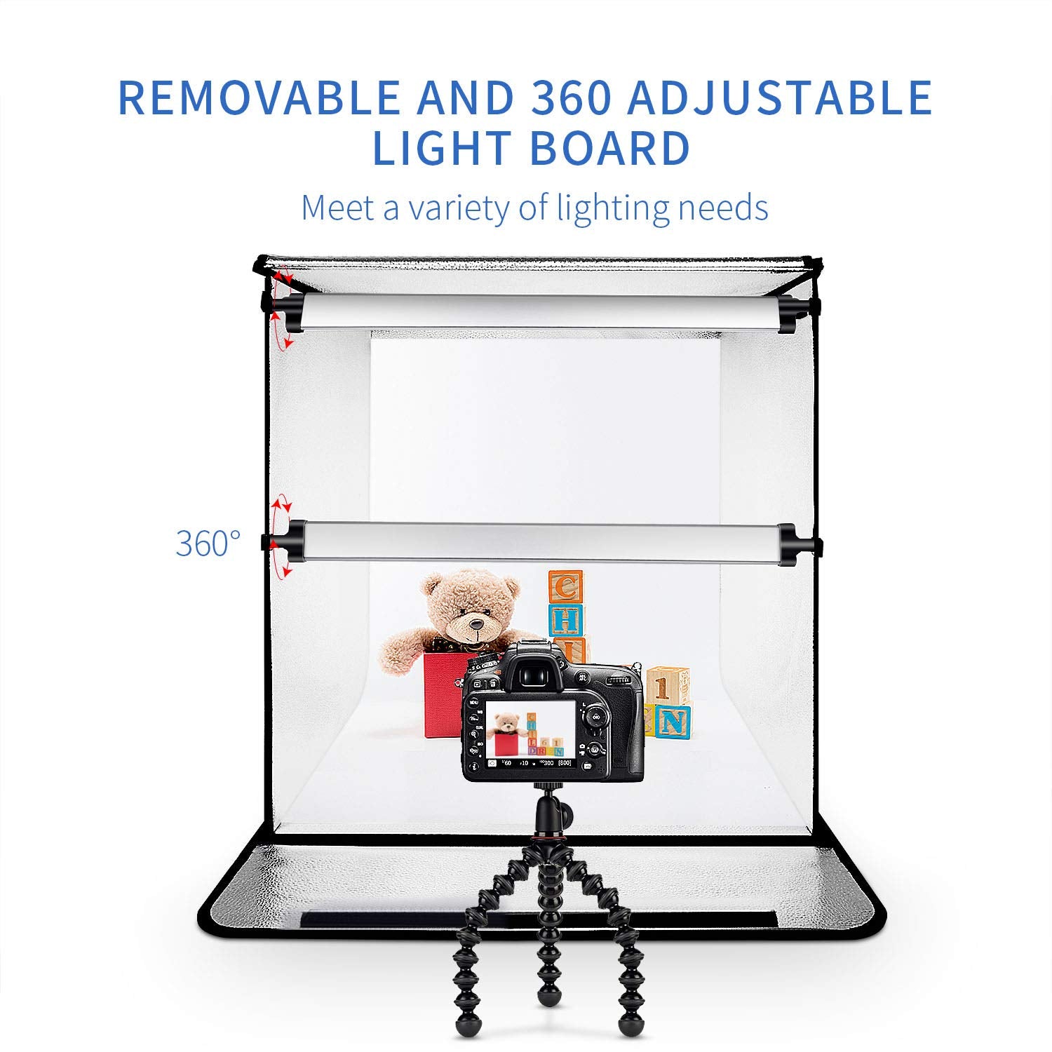 Portable Photo Studio, 24 * 24 * 24 inchs Large Foldable Photography Studio Portable Light Box Kit, Photo Shooting Tents with Dimmer Four-color Backdrops 2pcs 5500k LED Strips (60 * 60 * 60cm)