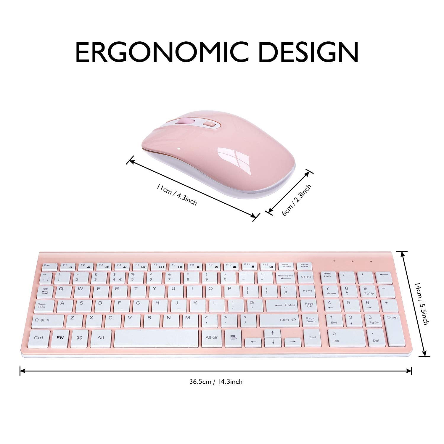 Wireless Keyboard Mouse Combo, cimetech Compact Full Size Wireless Keyboard and Mouse Set 2.4G Ultra-Thin Sleek Design for Windows, Computer, Desktop, PC, Notebook, Laptop（QWERTY UK Layout）PINK