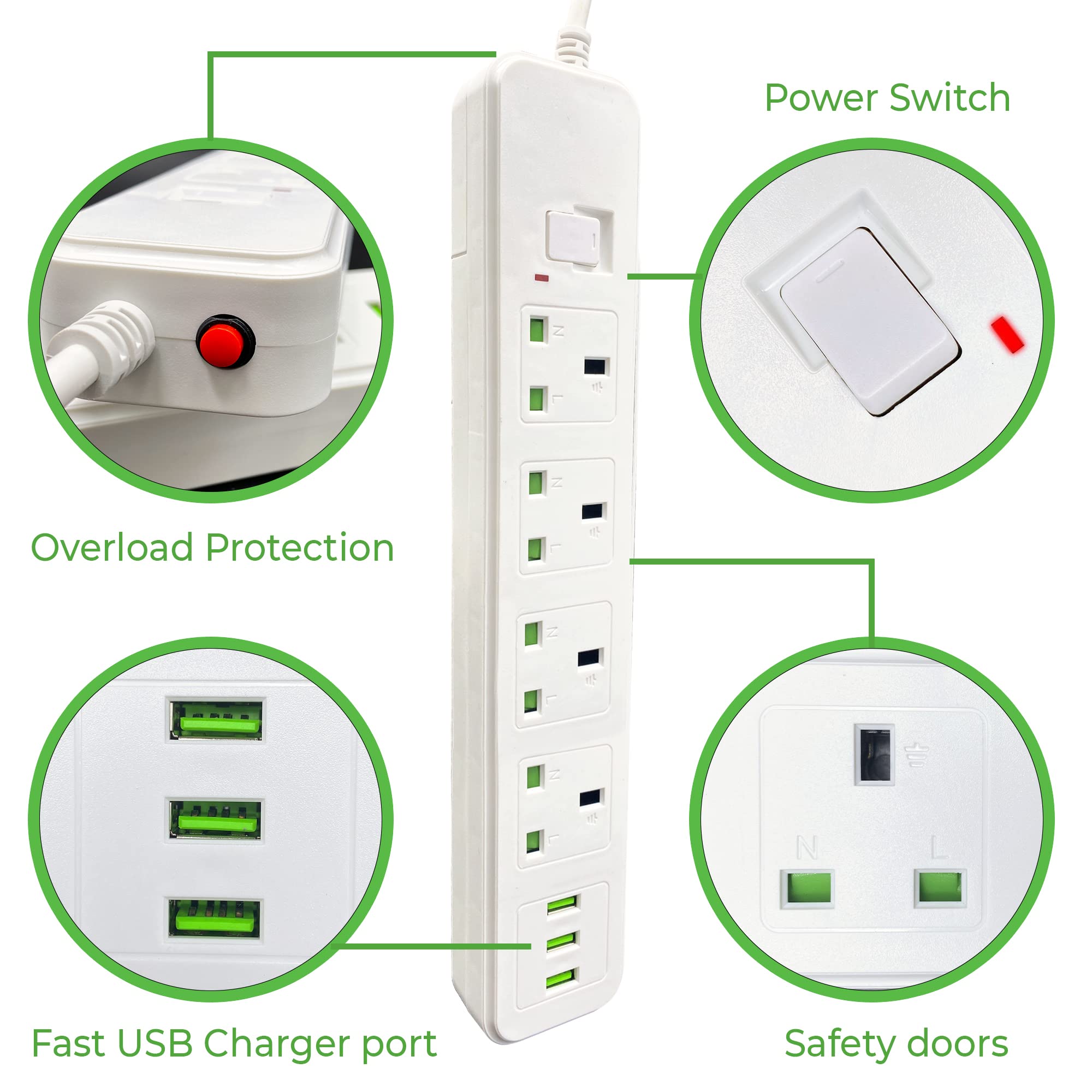 UN Platinum Extension Lead with 3 USB-A Ports(3m Long Copper Wiring),4 Power Socket Wire 13A Fuse Plug with Overload Protection,UK Pin Multi Socket Mains Strip Extension Cord,White