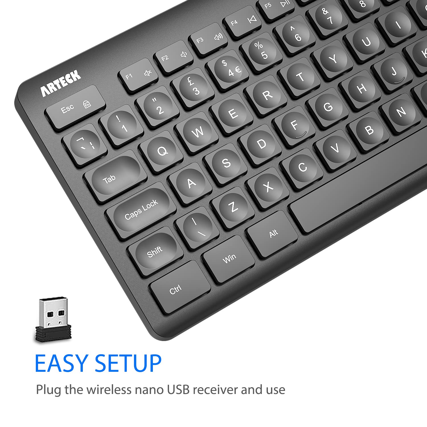 Arteck 2.4G Wireless Keyboard Ultra Slim Full Size Keyboard with Numeric Keypad and Media Hotkey for Computer/Desktop/PC/Laptop/Surface/Smart TV and Windows 10/8/ 7