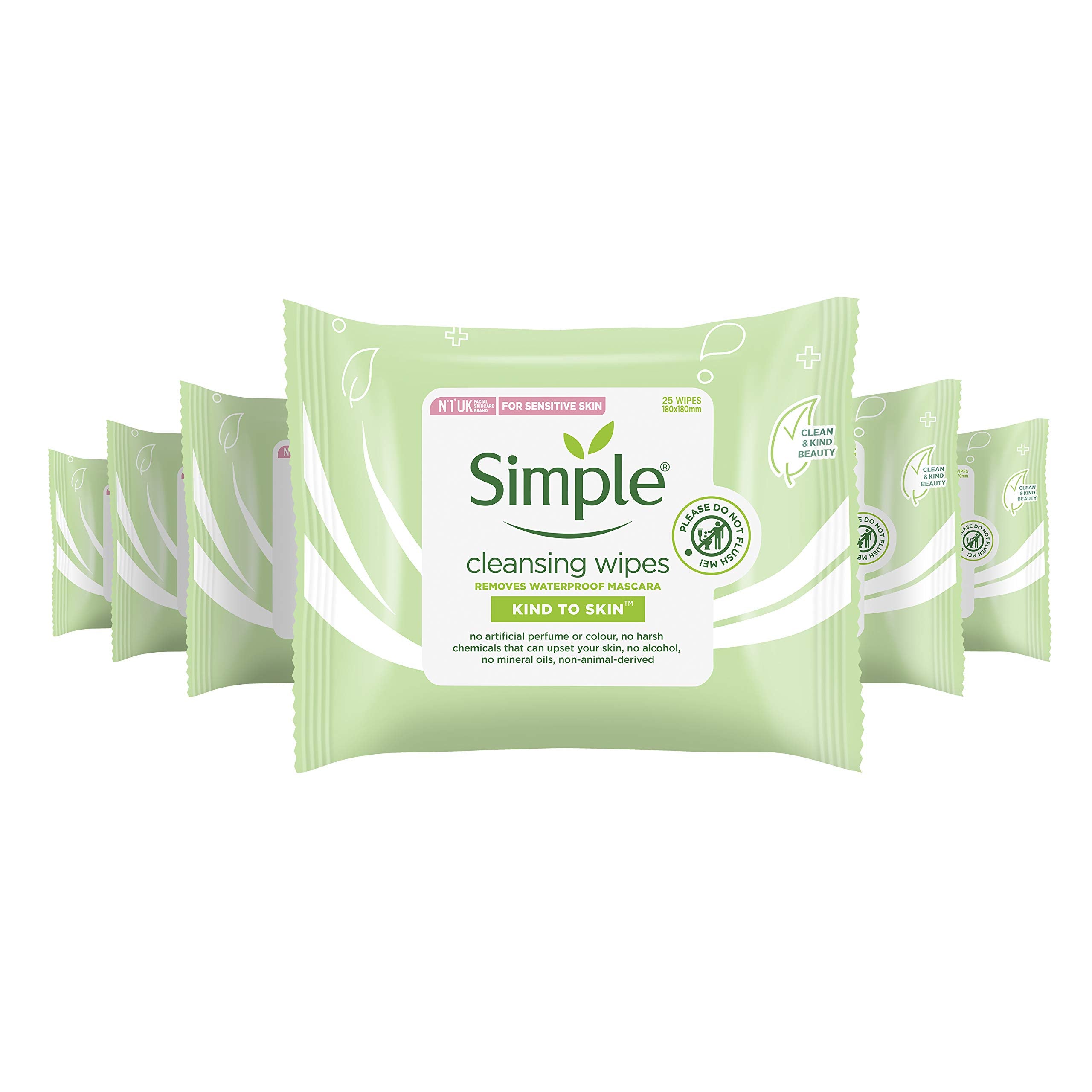 Simple Kind to Skin - Facial Wipes for sensitive skin with Glycerin, Vitamin E,and  Vitamin B5 -25 pc pack of 6