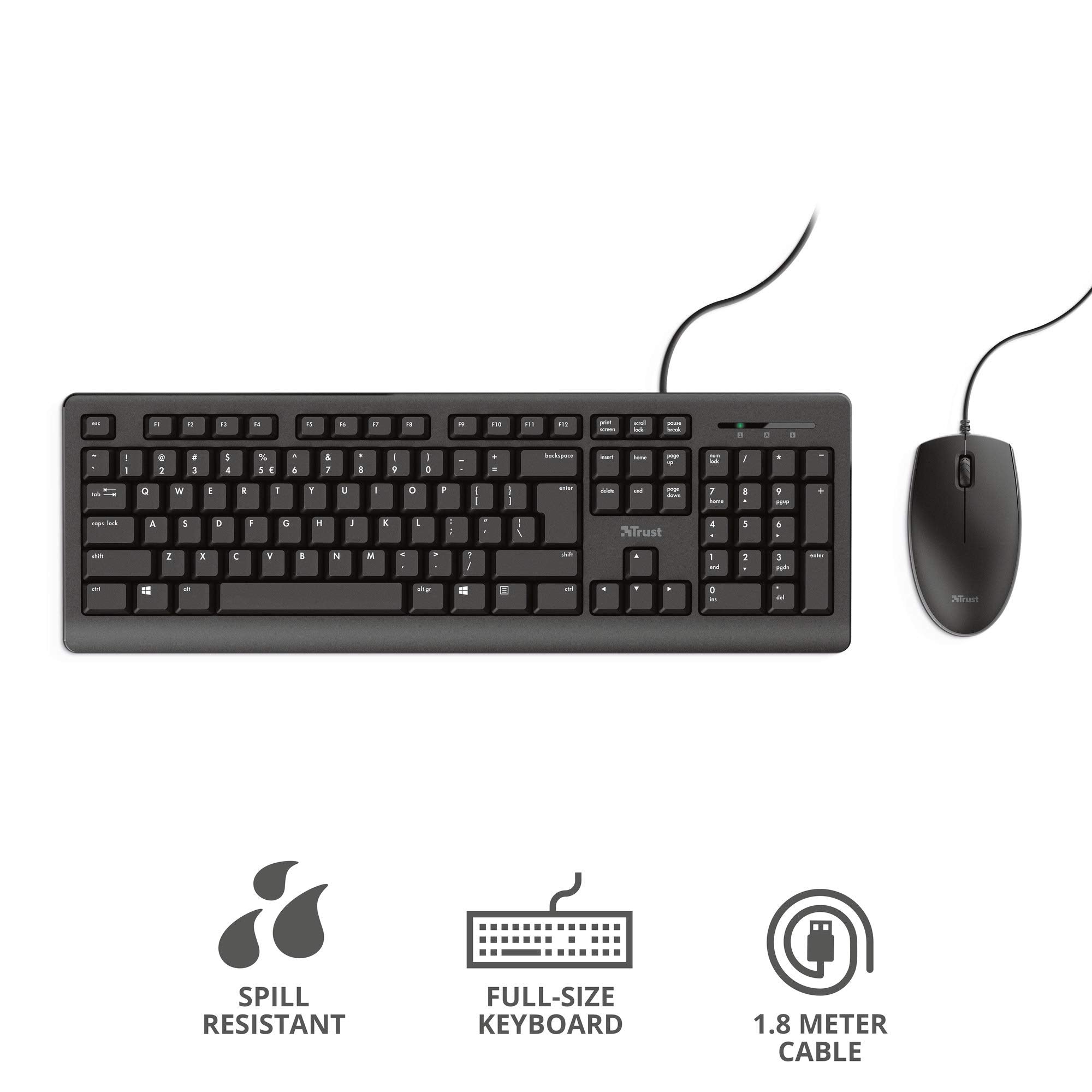 Trust Taro Wired Keyboard and Mouse Set - QWERTY UK Layout, Full-Size Keyboard, Spill-Resistant, 1.8 m Cable, USB Plug and Play, Quiet Combo for PC and Laptop - Black