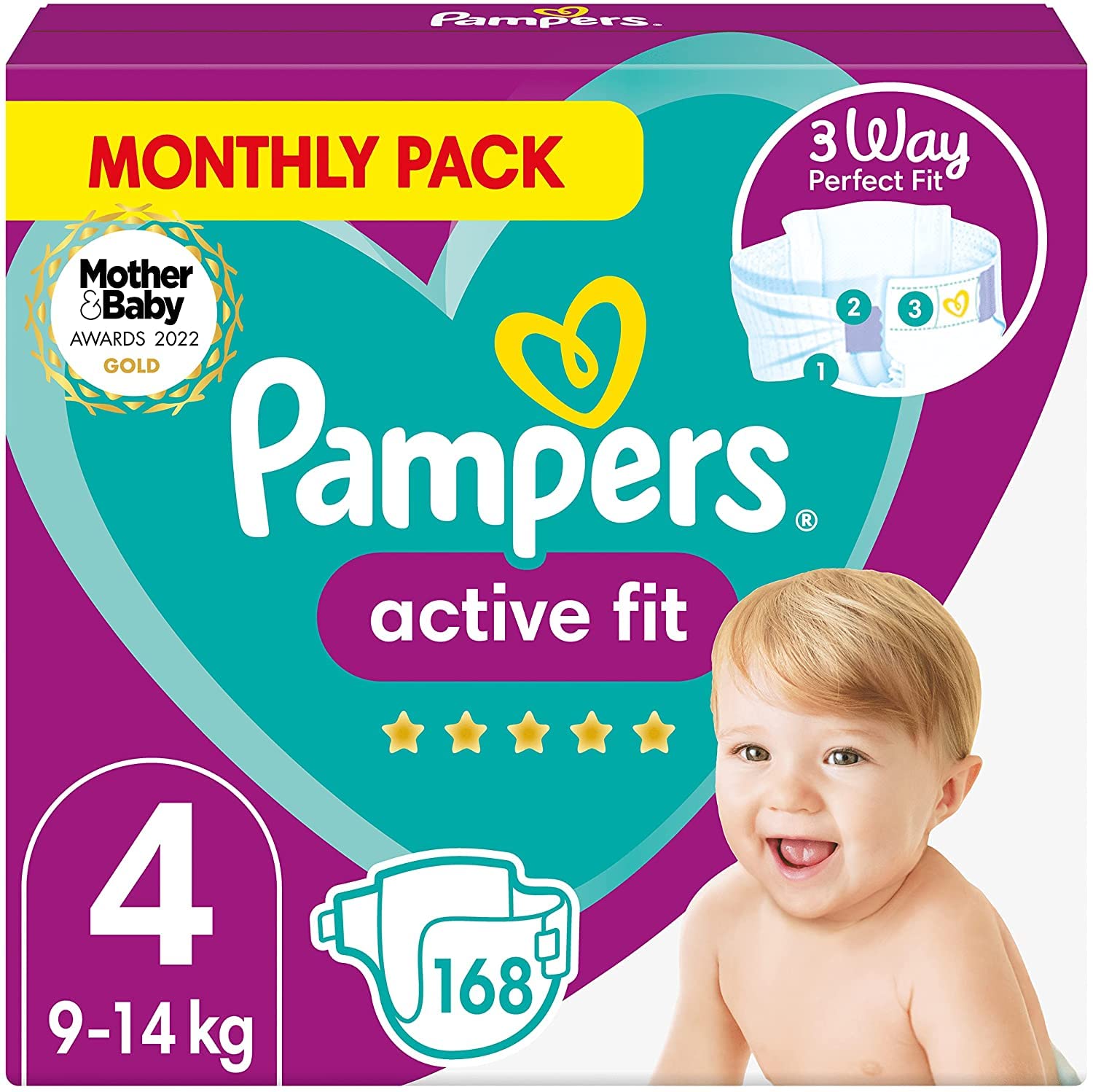 Pampers Baby Nappies Size 4 (9-14kg/20-31Lb), Active Fit, 168 Nappies, MONTHLY SAVINGS PACK, Pampers’ Trusted Fit and Comfort For Your Wild Child