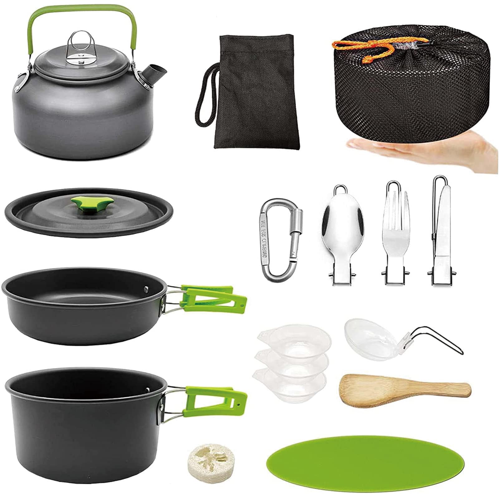 WeaArco Camping Pans and Pots Kit, Camping Cooking Set, Tea Kettle Bowl Tableware Set with Mesh for Trekking, Hiking, Picnic, for 2-3 Person (Cookware Set)