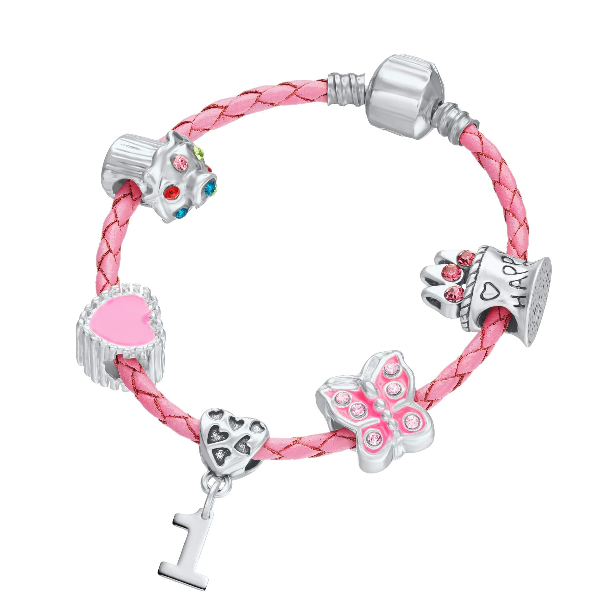 Children's Pink Leather Happy 1st Birthday Charm Bracelet with Gift Box - Girl's & Children's Birthday Gift Jewellery