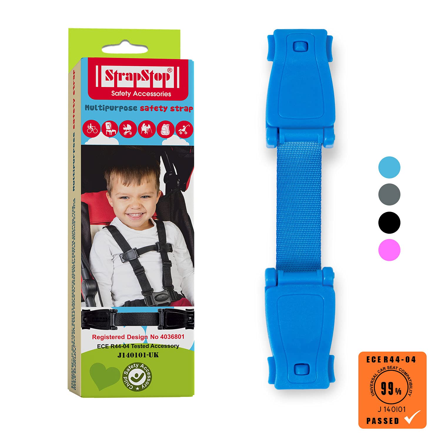 Strap Stop Anti Escape Car Seat Strap | ECE R44-04 Approved Houdini Straps for Car Seat - No Threading Required | Impossible to Unlock for Kids (Blue)
