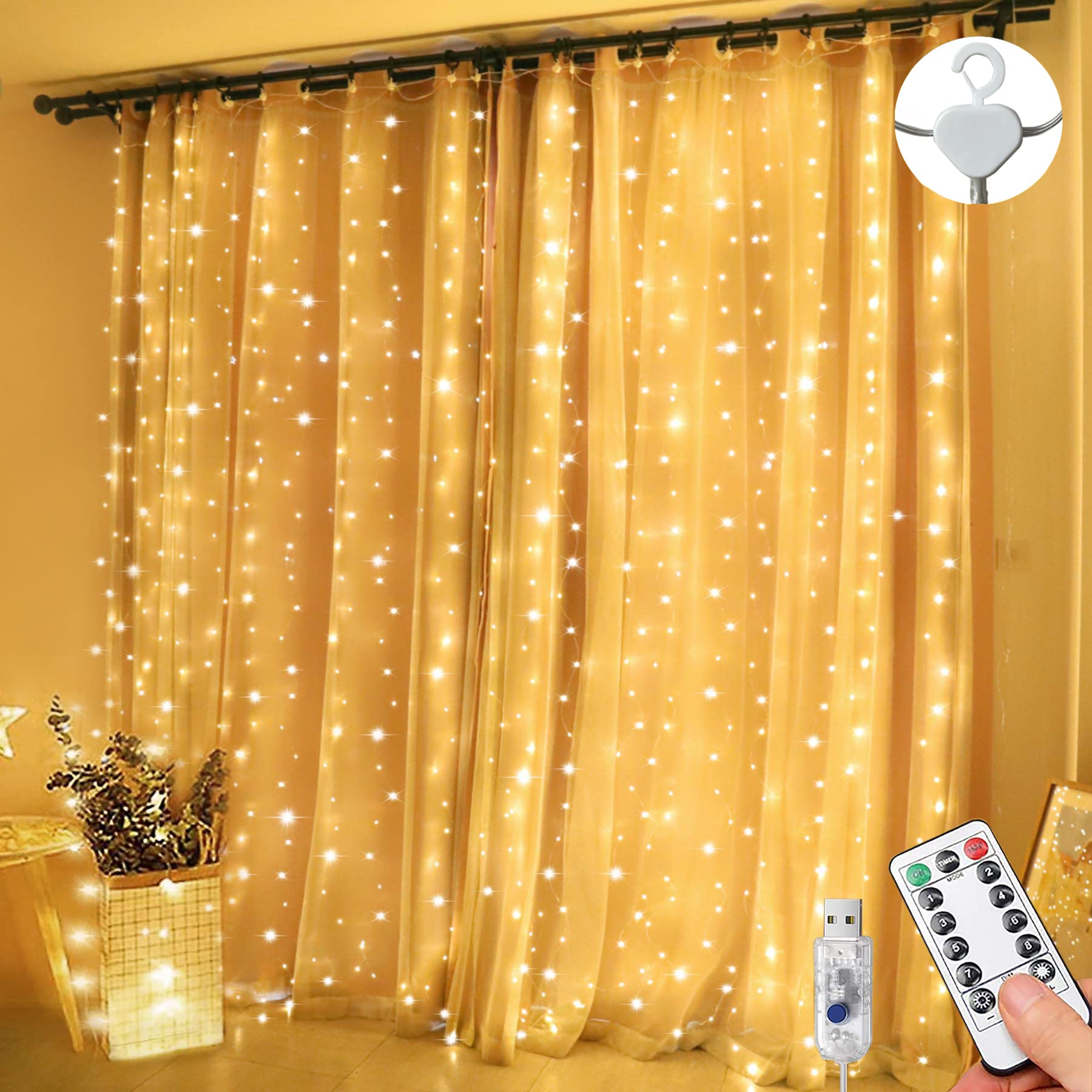 Curtain Fairy Lights Waterproof, 3m×3m 300LED Fairy Lights with 8 Modes Remote Control Timer Adjustable Brightness, Curtain Light Plug in for Bedroom, Garden, Party, Wedding，Christmas (Warm White)