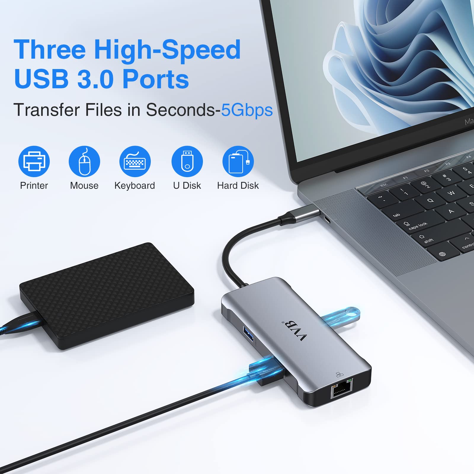 USB C Hub Multiport Adapter, USB Type C Hub to 4K HDMI,Ethernet,100W Power Passthrough,3 USB 3.0 Ports, 6 IN 1 USB-C Hub Dongle for MacBook Pro Air,Surface,Dell,HP Lenovo and More Type C Device