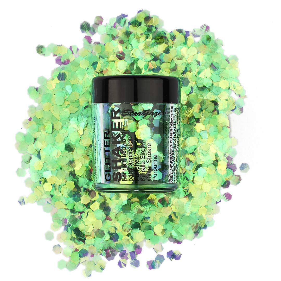 Stargazer Chunky Glitter Shaker, UV Green. Cosmetic glitter for use on the eyes, lips, face, body, hair and nails.