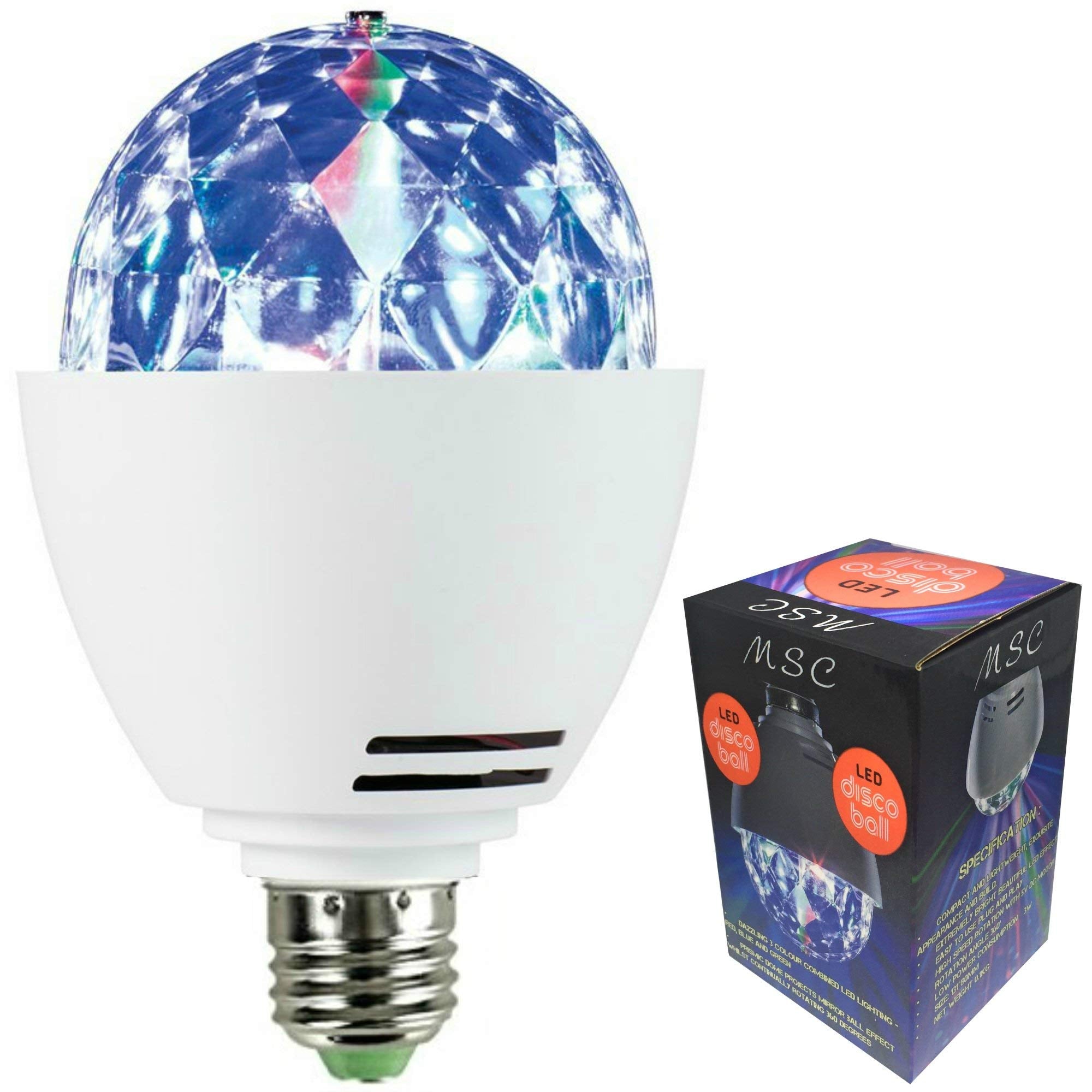 MSC LED E27 - Disco Ball Light Rotating Multi-Coloured Lightbulb Edison Screw Fitting E27