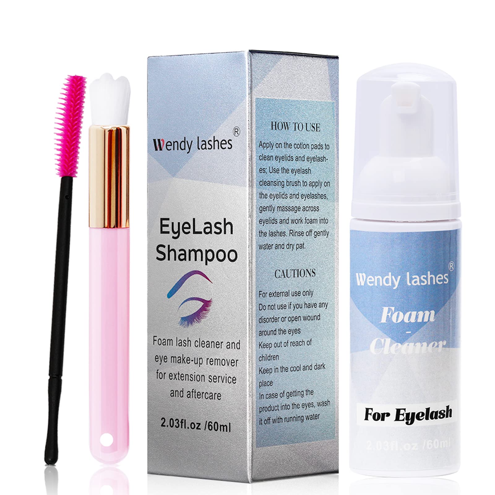 Eyelash Shampoo for Eyelash Extensions, 60ml Eyelash Cleanser Foam, Makeup Remover with Soft Brush and Mascara Wand