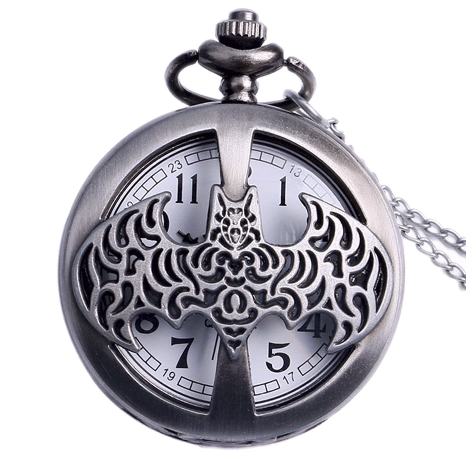 Batman Filigreed Logo Antique Brushed Silver Effect Retro/Vintage Case Men's Quartz Pocket Watch Necklace - On 32" Inch / 80cm Chain