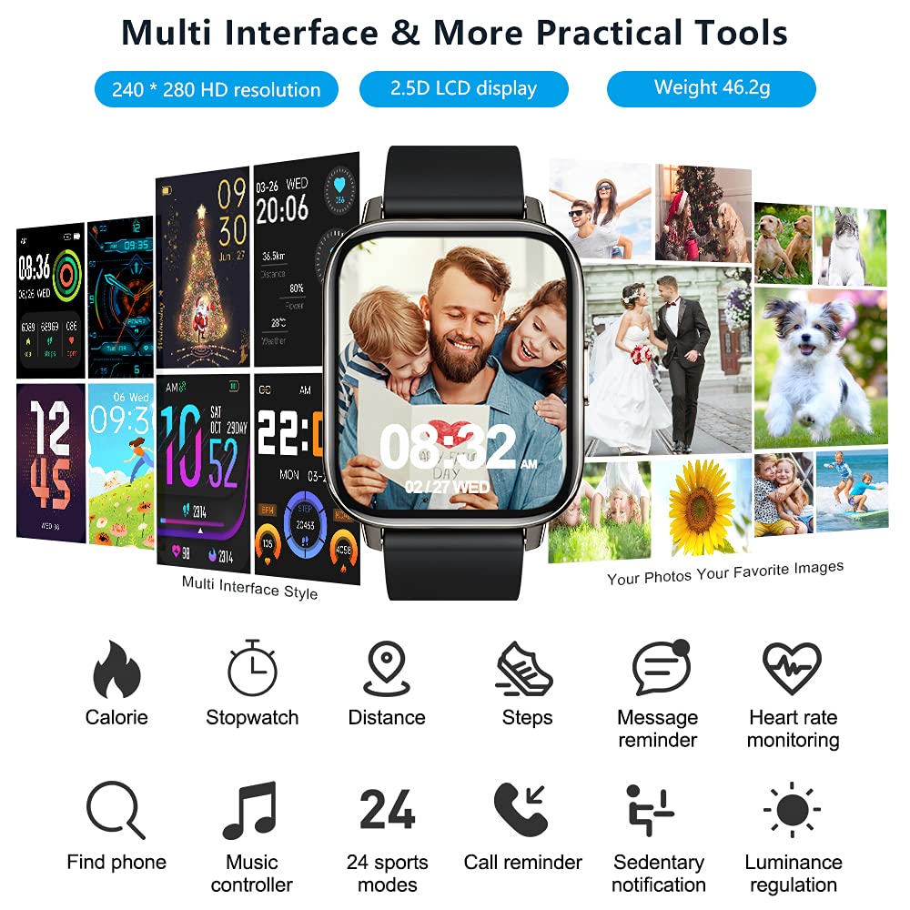 Smart Watch for Man 2022, 1.69'' Full Touch Fitness Watch Waterproof IP67 Sport Watch Heart Rate and Sleep Monitor, 24 Sports Modes Smartwatch Man, Health Watch with Notification for Android ios