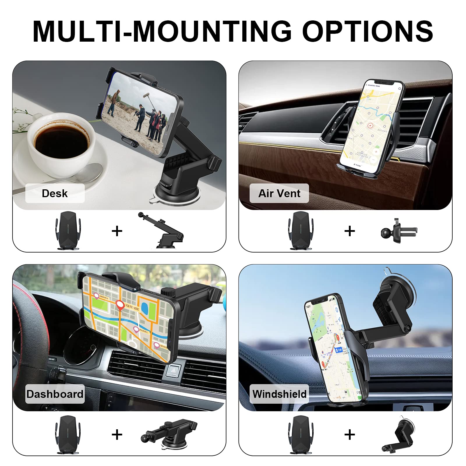 Wireless Car Charger Mount,15W Qi Fast Charging Auto-Clamping Car Phone Holder, Air Vent Windshield Dashboard Car Phone Mount for iPhone 13/12/11 Pro Max,Samsung S20/S10/Note10