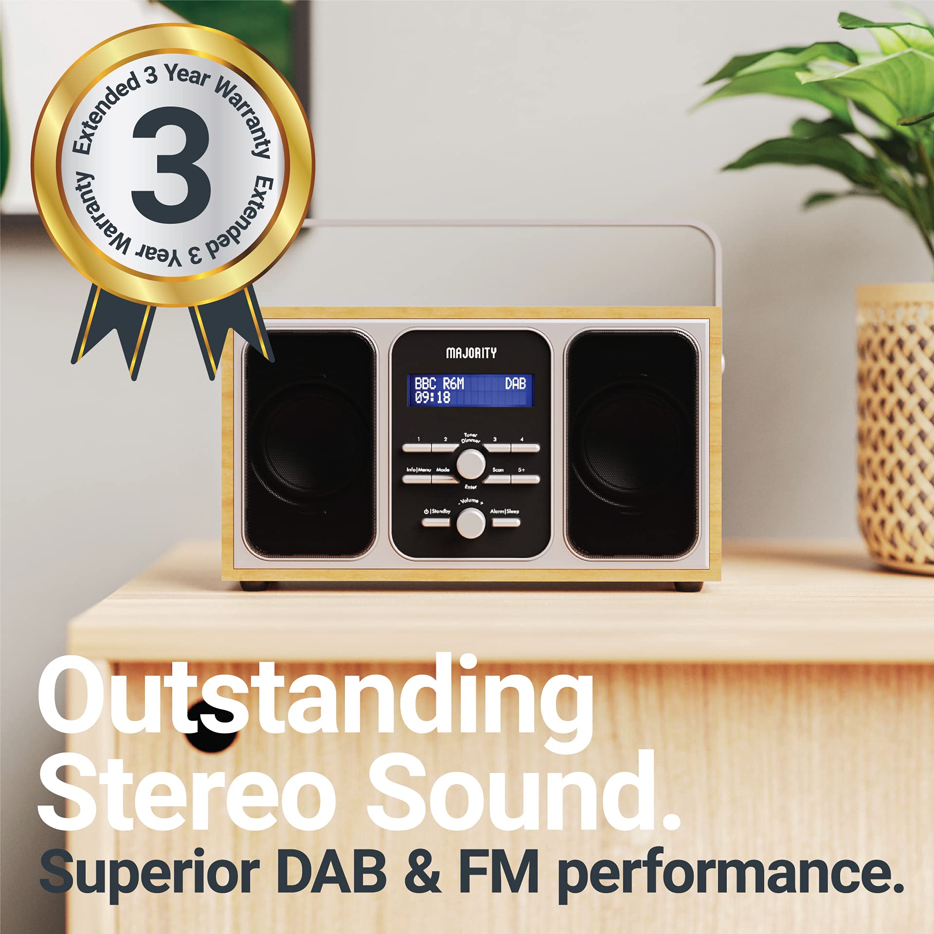DAB, DAB+ Digital Radio with FM | Mains Powered and Portable with 15 Hours of Playback and Stereo Speakers | Majority Girton 2 Portable DAB Radio | LED Screen with Dual Alarm and 20 Pre-sets | Oak
