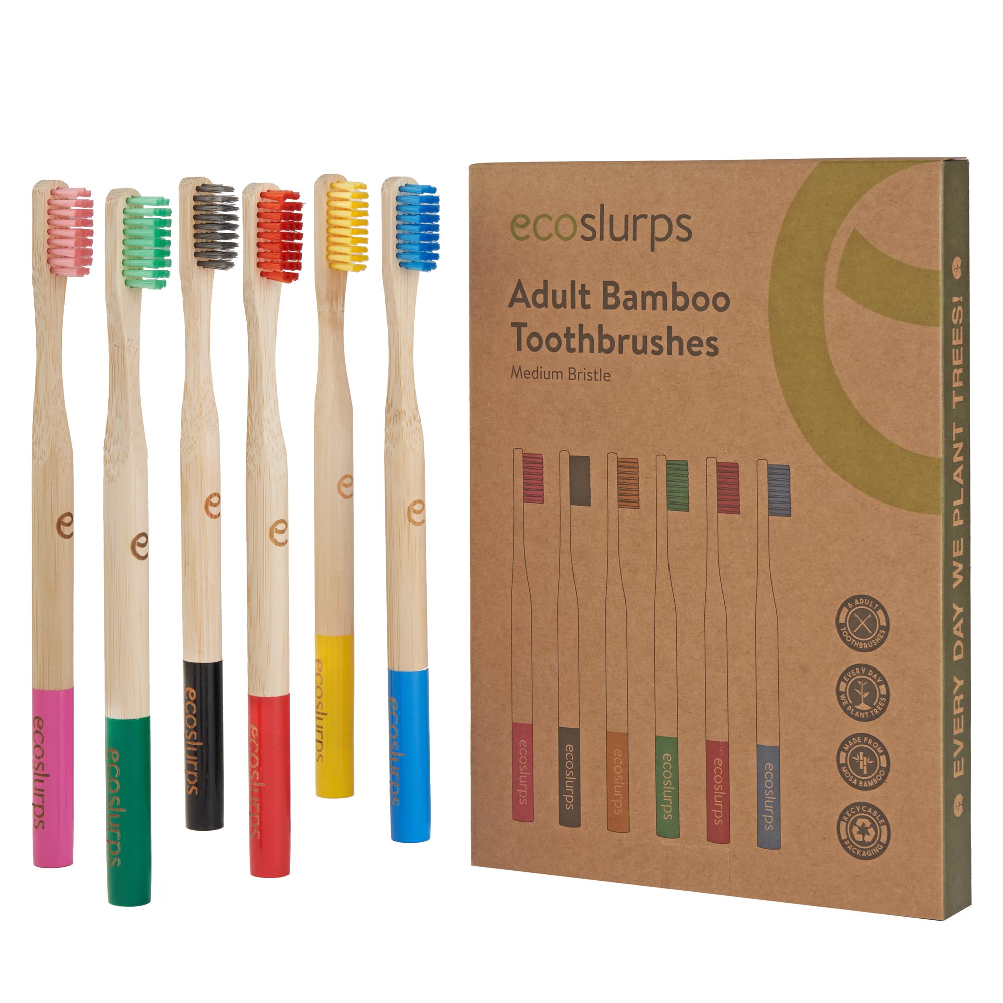 6 Bamboo Toothbrushes Medium Bristles | EcoSlurps | Premium Adult Manual Wooden Toothbrush Family Multipack | Eco Friendly & Plastic Free | Tree Planted with Each Sale (6, Multicolour)
