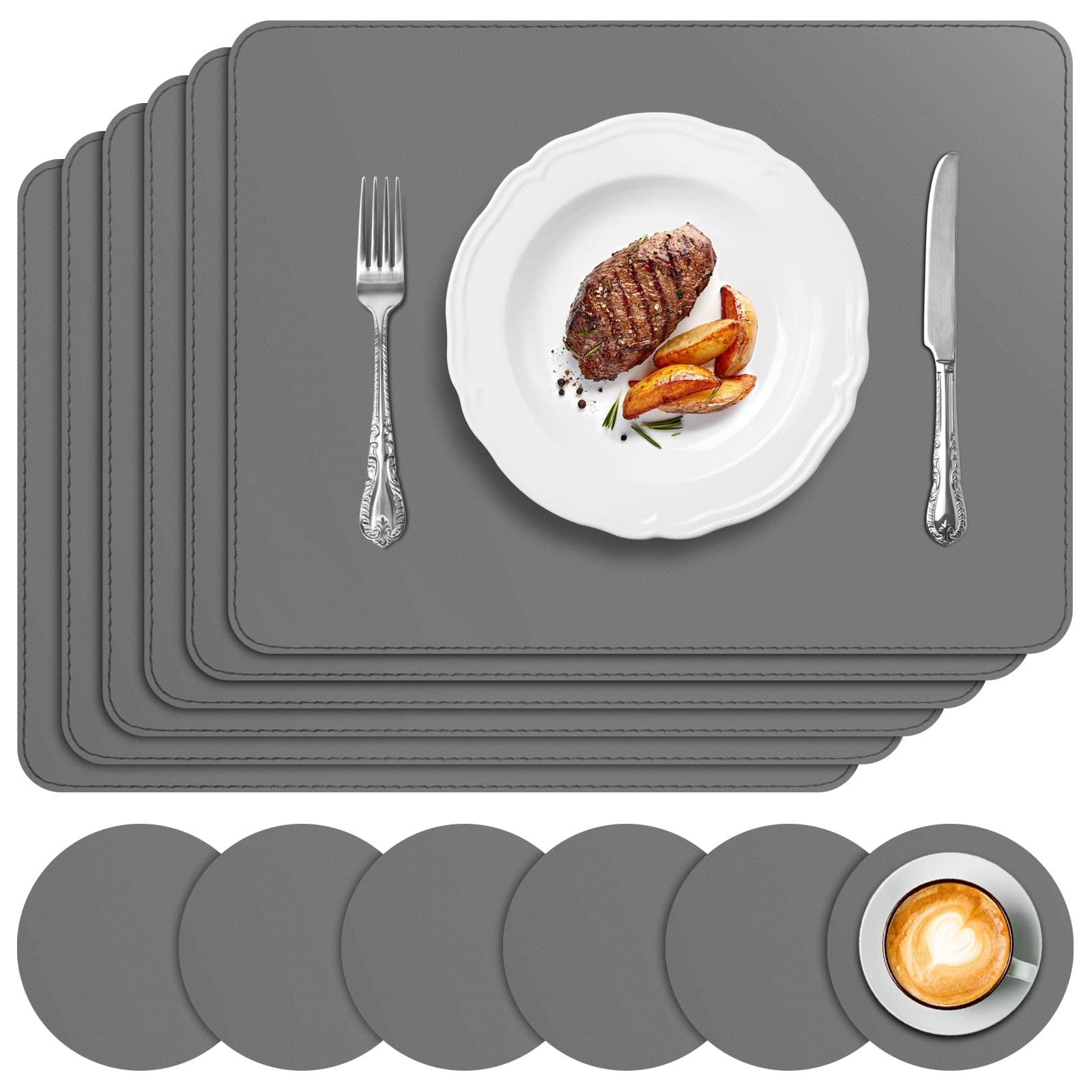 APLKER Placemats and Coasters Set of 6, Heat Insulation PU Leather Table Mats Non-Slip Washable Waterproof Kitchen Dining Place Mats for Home Restaurant Hotel, Grey