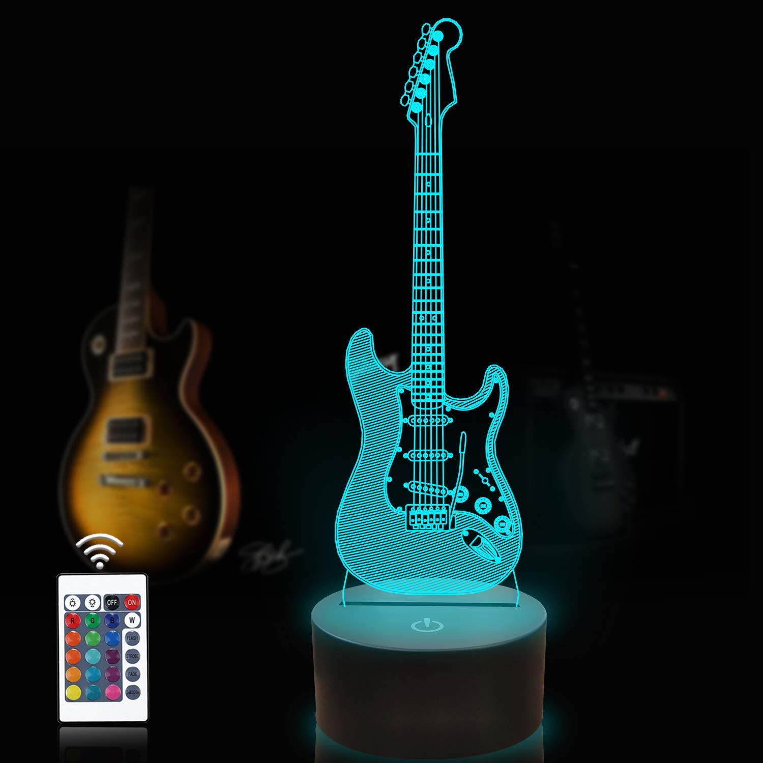 Coopark Guitar 3D Night Light, Optical Illusion LED Bedside Lamp with Remote Control 16 Colors Changing, Home Party Decor Creative Birthday Gift for Friend Music Lover