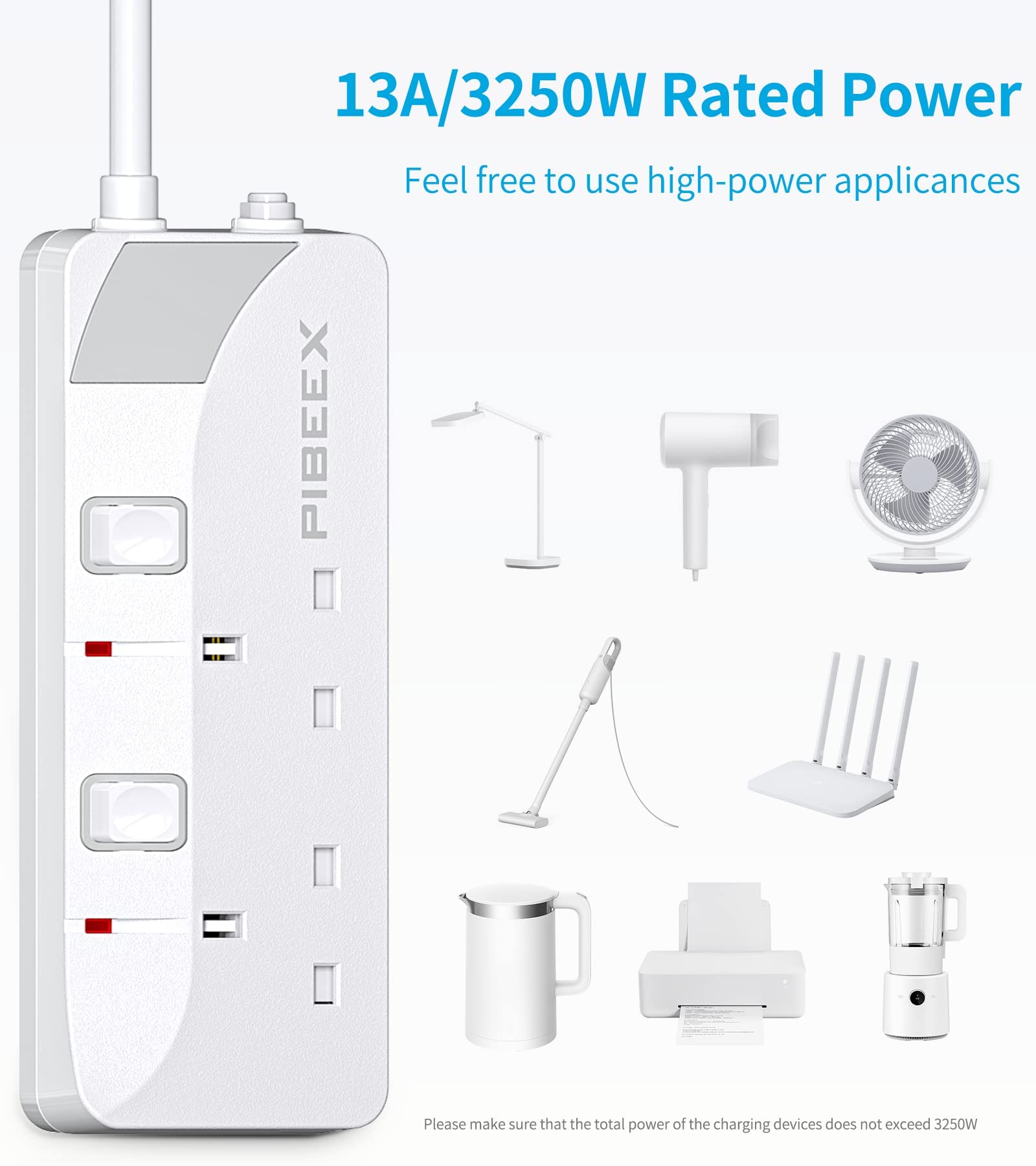 PIBEEX Extension Lead 2 Way Plug Sockets with Individual Switches Wall Mountable Power Strip with 5 Meter Long Extension Cable 13A Fused UK Plug 3250W