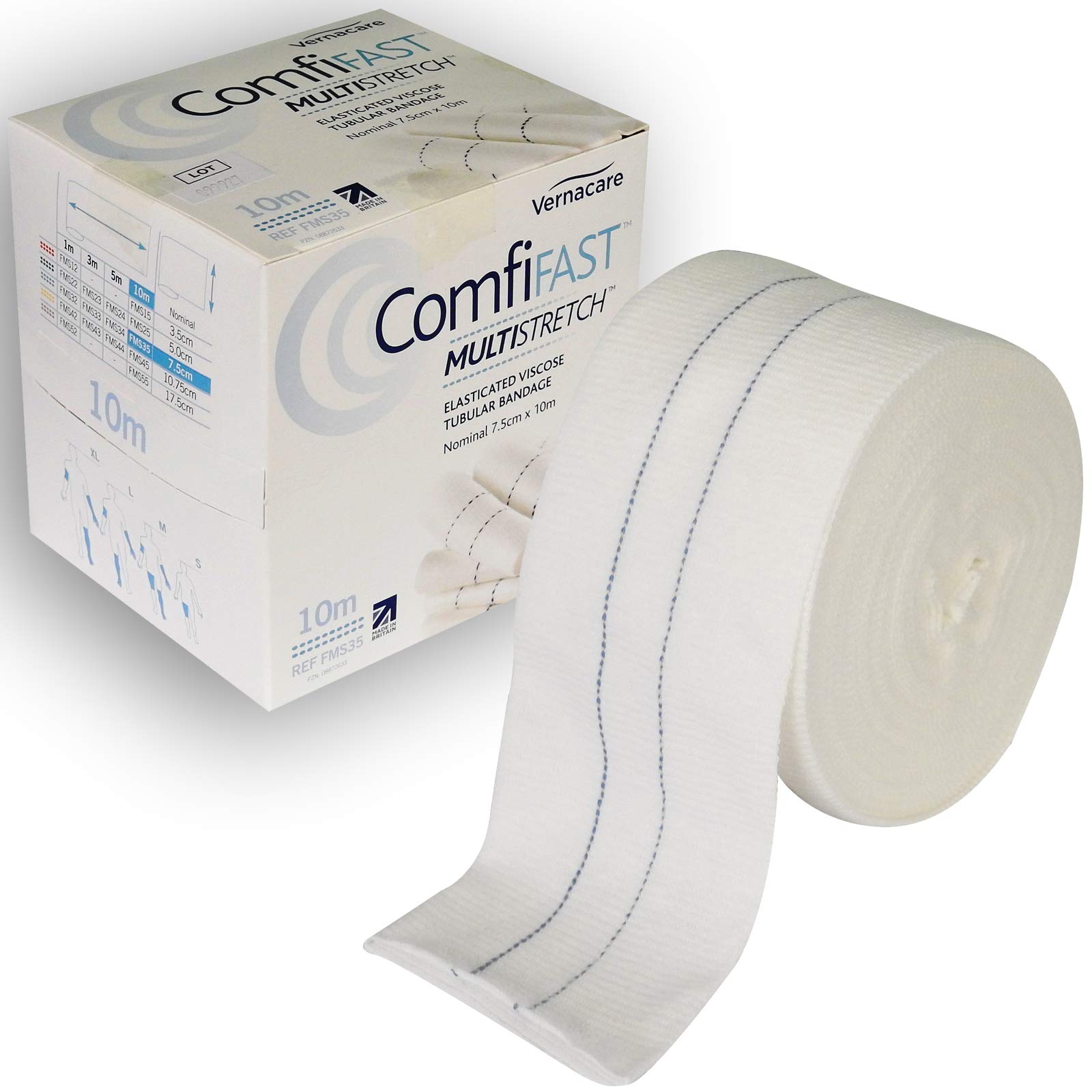 Comfifast Elasticated Multistretch Tubular Viscose Bandage - for Large Limbs, Blue Line 7.5cm (for Limb Circumference 20-45cm) - 10m Roll