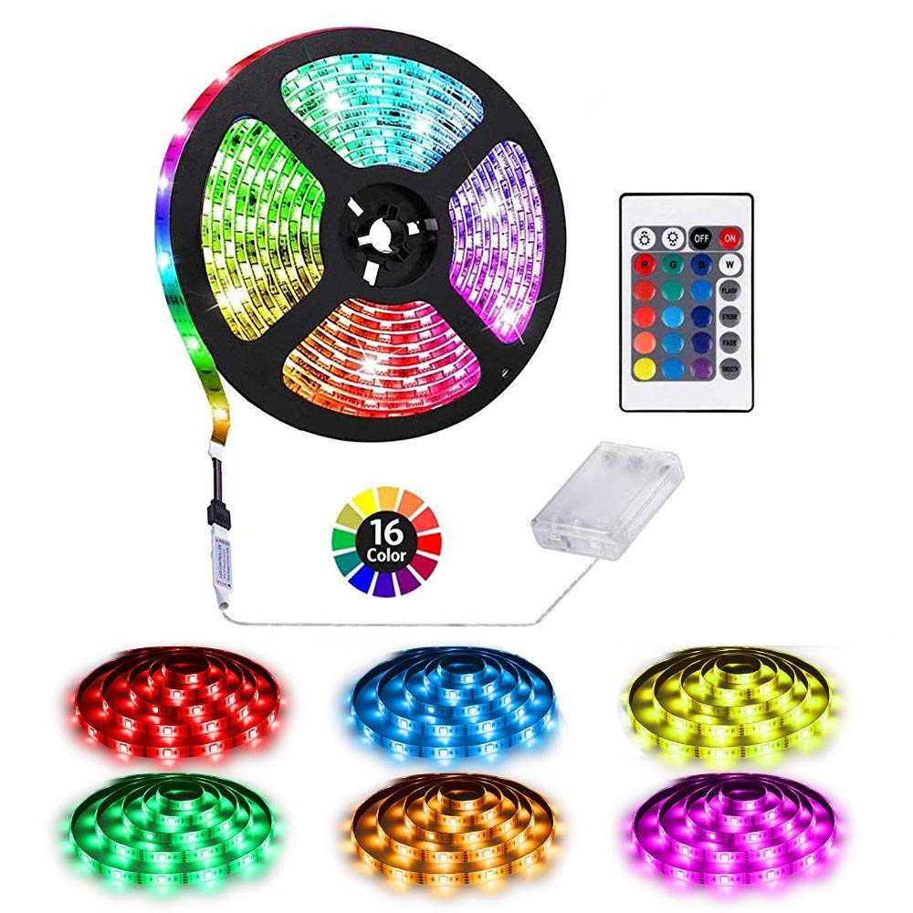 Battery Powered LED Strip Lights, 24-Keys Remote Controlled, DIY Indoor and Outdoor Decoration, 6.56ft Waterproof