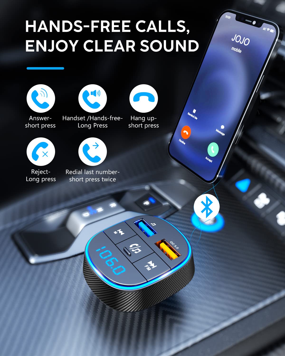 【Upgraded Version】Clydek FM Transmitter for Car, Bluetooth 5.0 Car Radio Audio Adapter with Dual USB Charge Port, MP3 Player Car Charger Support Hands-free Calling, USB Drive, SD Card (Black)