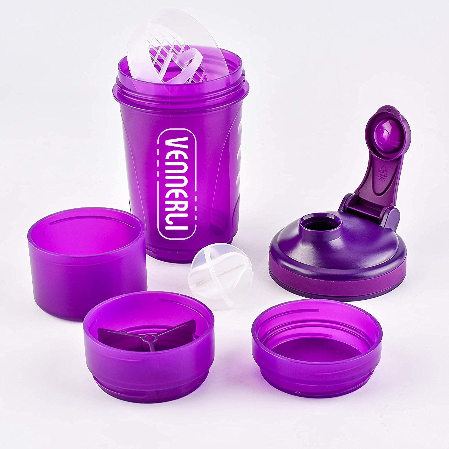 Protein Shaker Bottle with Storage Mixing Ball 100% BPA Free Leak Proof Smoothies Nutrition Shaker Cups Strong Durable Sports Gym Diet Fitness (600ml Purple)