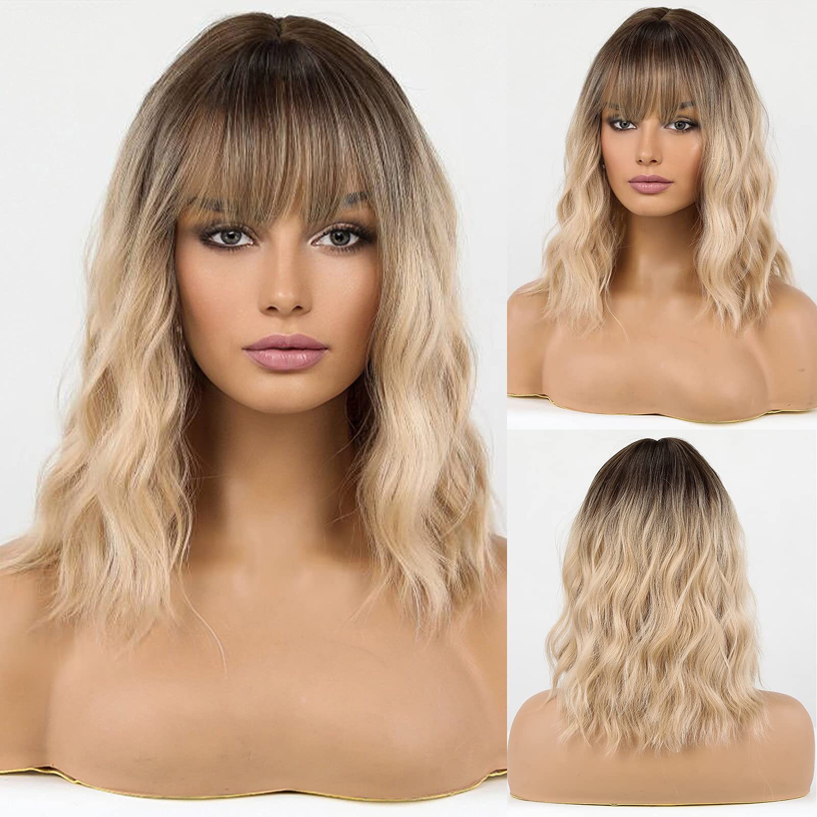 HAIRCUBE Blonde Wigs for Women, Shoulder Length Wig with Fringe, Synthetic Hair with Dark Roots