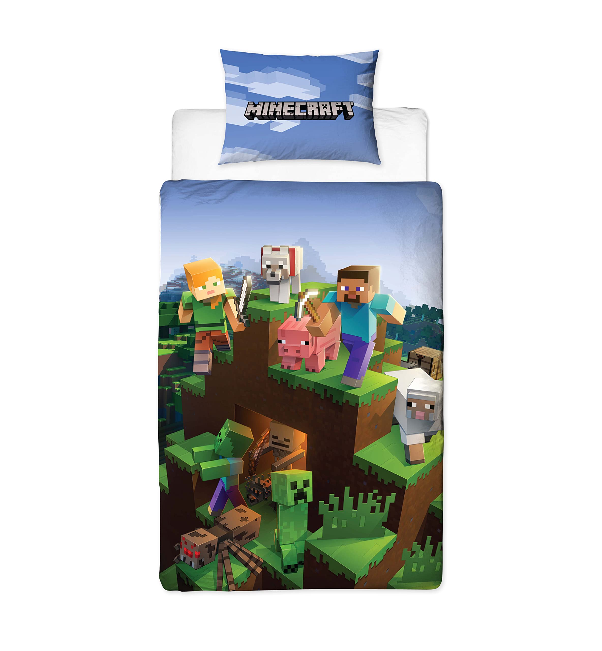 Minecraft Single Duvet Cover Officially Licensed | Reversible 2 Sided Epic Design with Matching Pillowcase, Polycotton (Single)