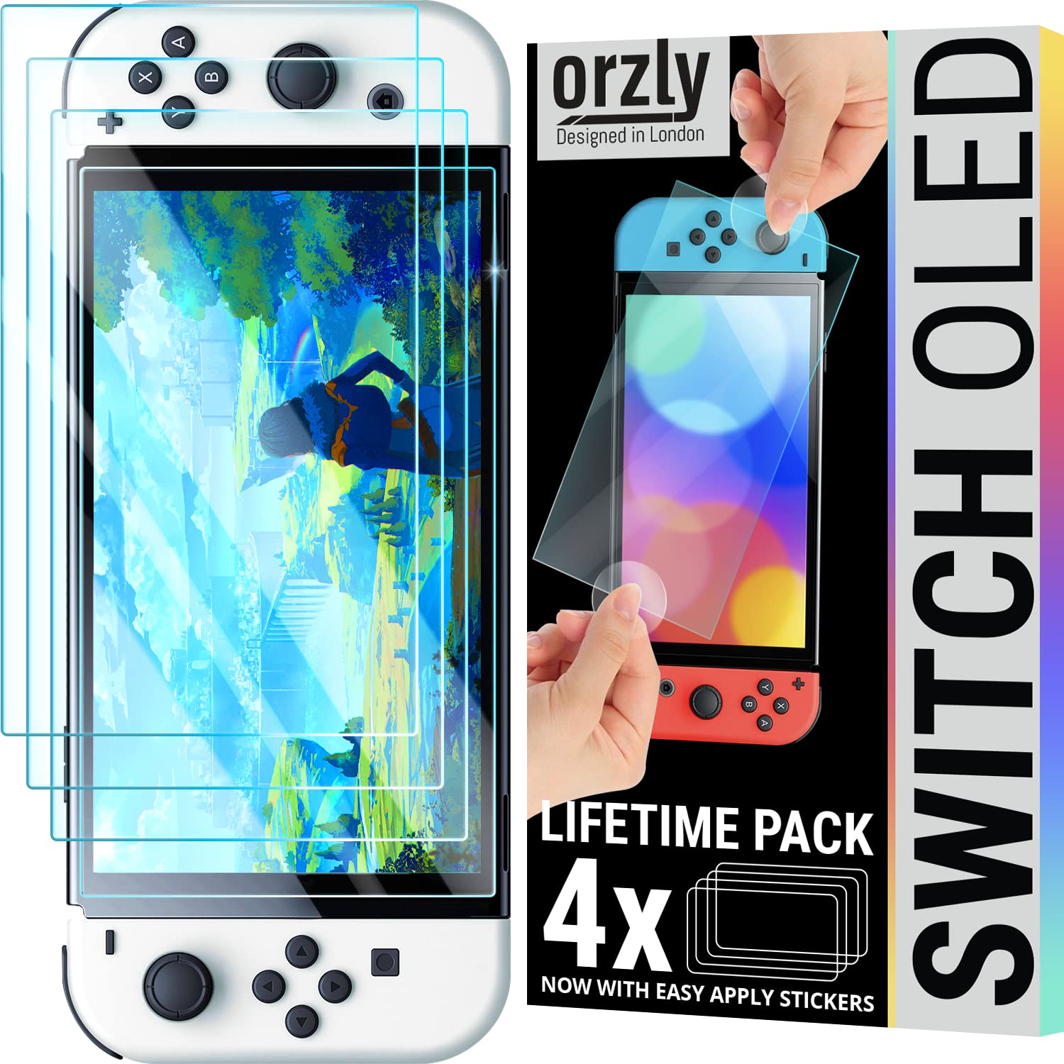 Orzly screen protectors bundle for Nintendo switch OLED console 2021 model - 4 Pack tempered glass with easy installation accessories Lifetime edition