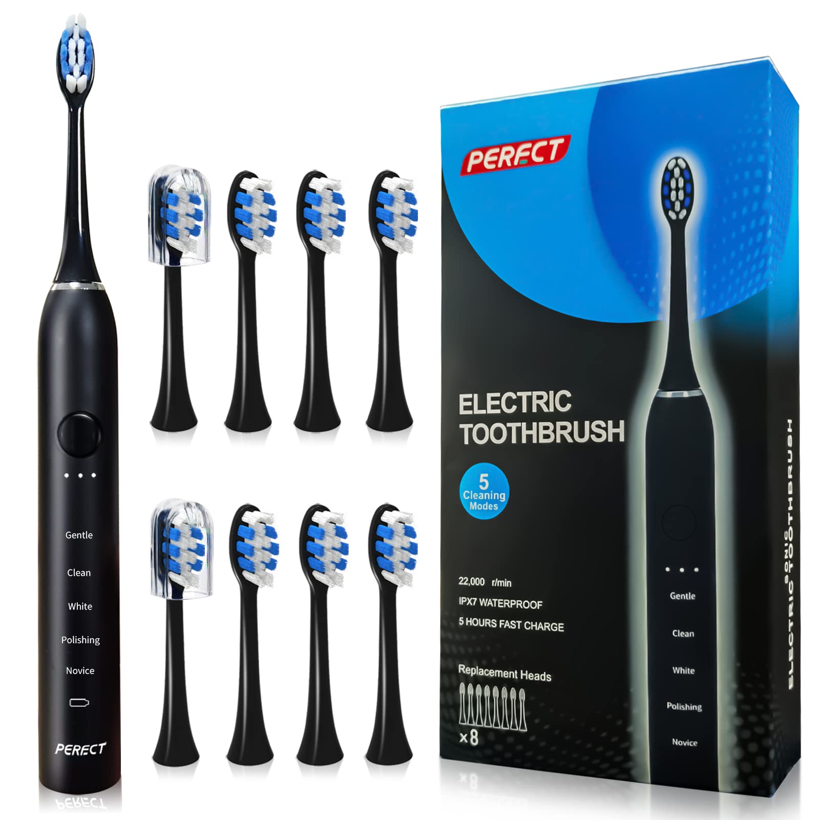 PERECT Sonic Electric Toothbrush for Adults, Rechargeable Electric Toothbrush with 8 Replacement Brush Heads, 1 Charge for 30 Days, 5 Modes 3 Intensities, Smart Timer