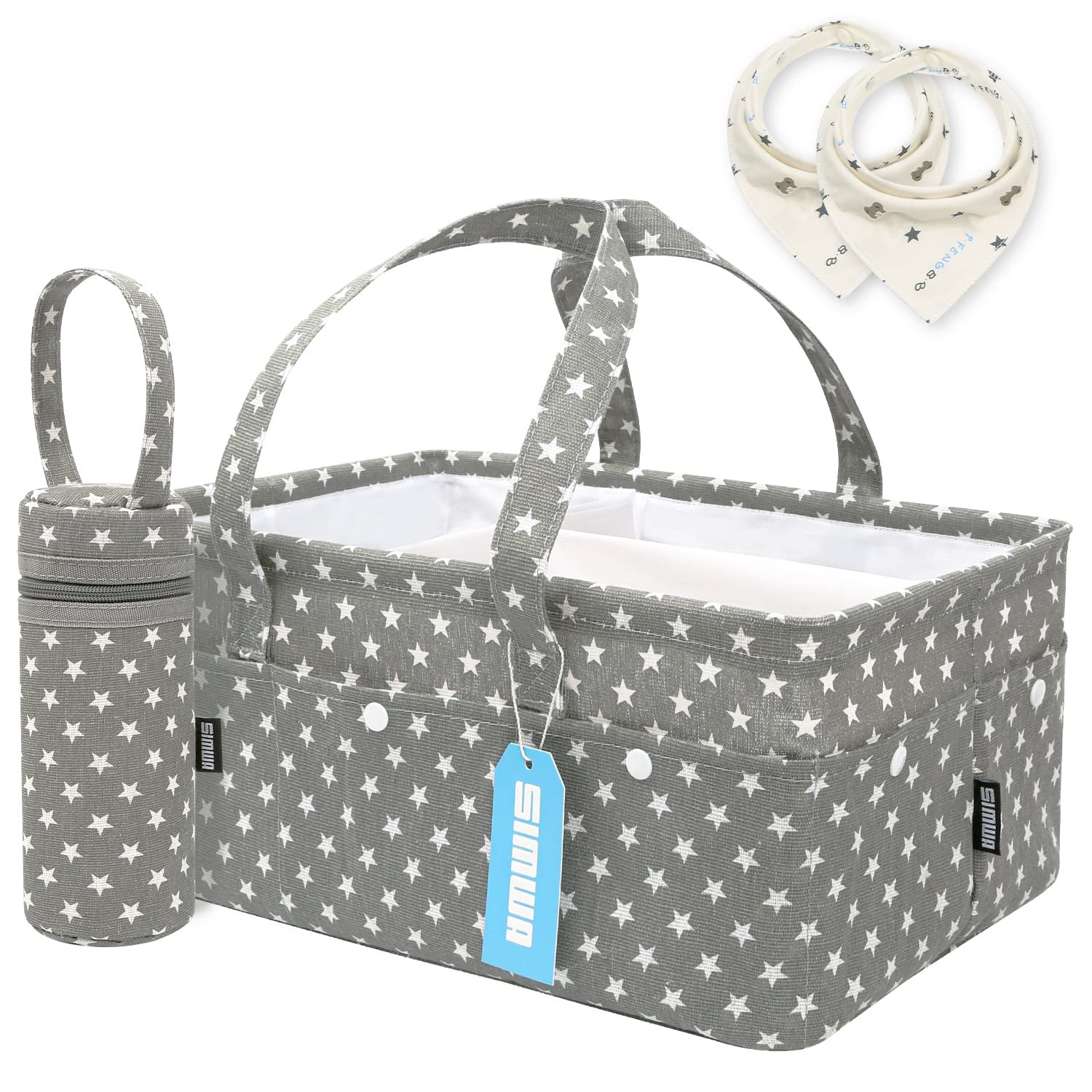 Nappy Caddy with Insulated Feeder Pouch & 2 Baby Bibs by SIMWA - Caddy Organiser for Baby Essentials Stuff for Newborn Girls & Boys - Lightweight Grey Diaper Bag - Durable Supplies Bag