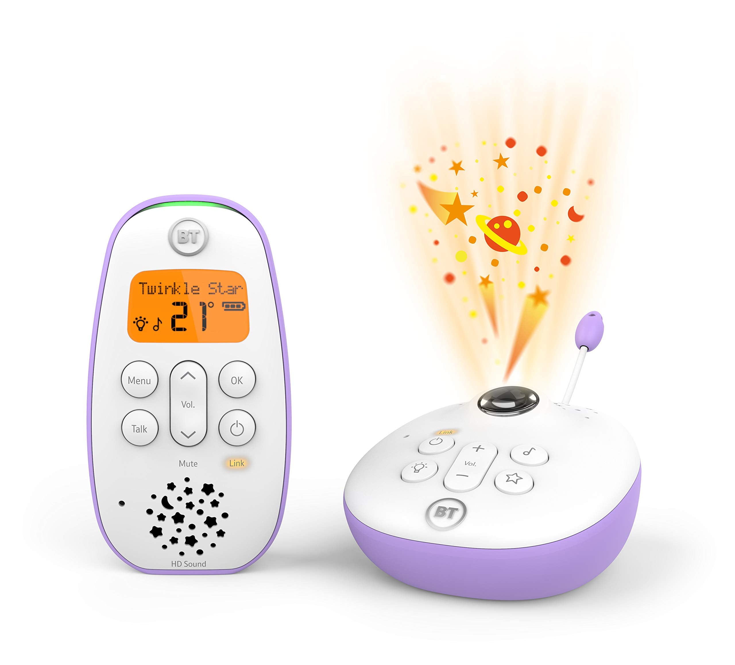 BT Digital Audio Baby Monitor 450 Lightshow, HD sound, lullabies, two way talkback, night light