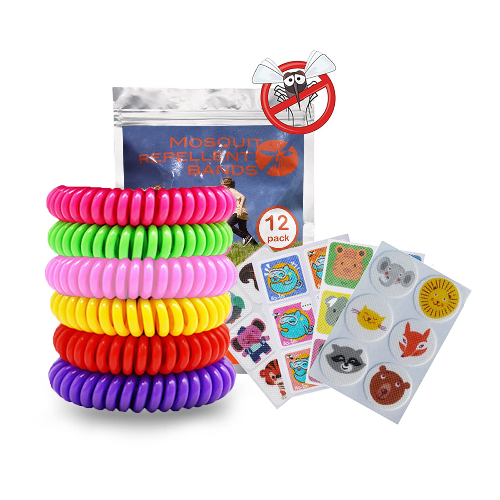 Jsdoin Mosquito Repellent Bracelet 12PCS with 4PCS Insect Repellent Stickers Long-Lasting Waterproof Safety Natural Wristbands Protection Insects up to 300 Hours Suitable Outdoor Indoor Kids Adults