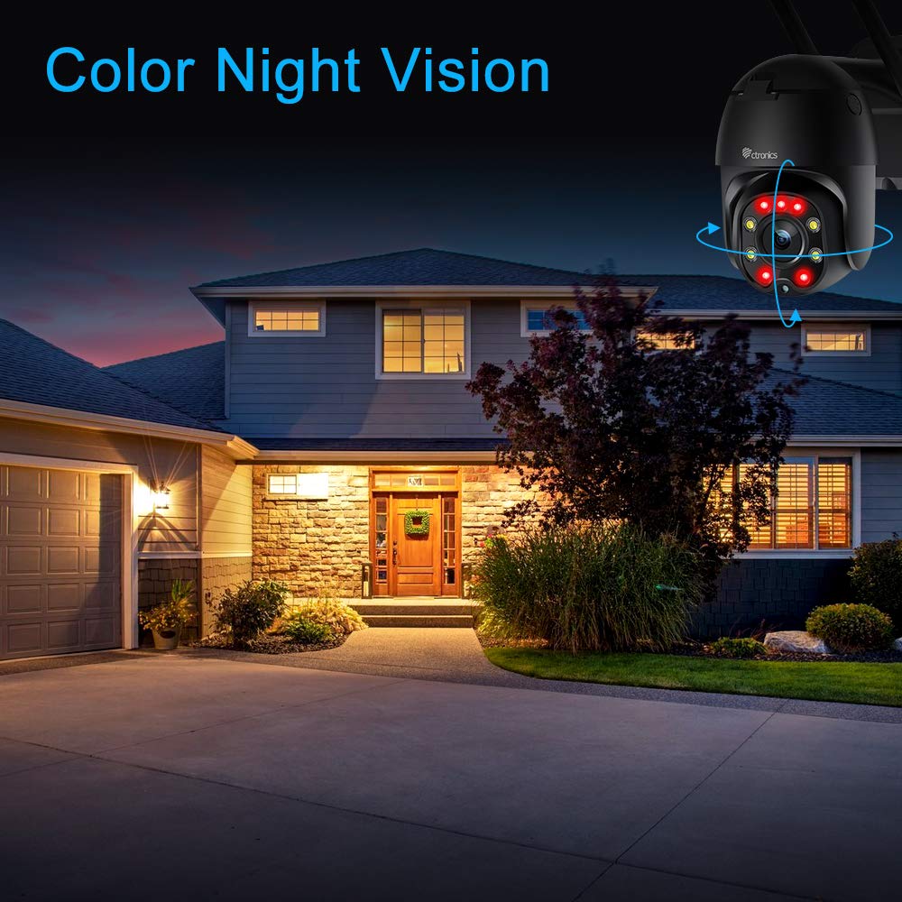Outdoor Security Camera with Color Night Vision, Ctronics 1080P PTZ Digital Zoom CCTV Camera Surveillance Camera Home Security with 355°Pan 90°Tilt Auto Tracking Human Detection Two-way Audio