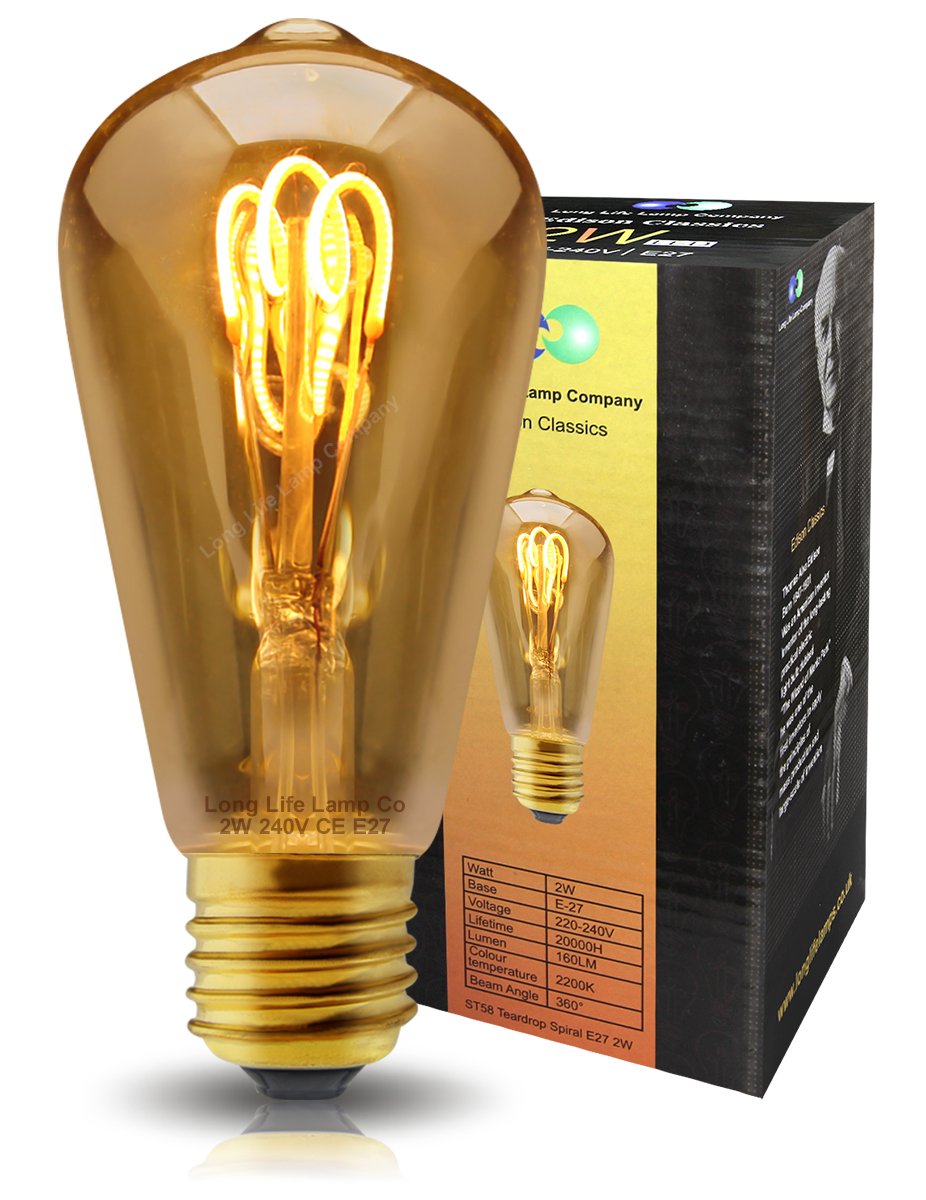 Long Life Lamp Company Vintage LED Filament Bulb, 2 W, Warm White 2200k ST58 E27 Edison Screw
